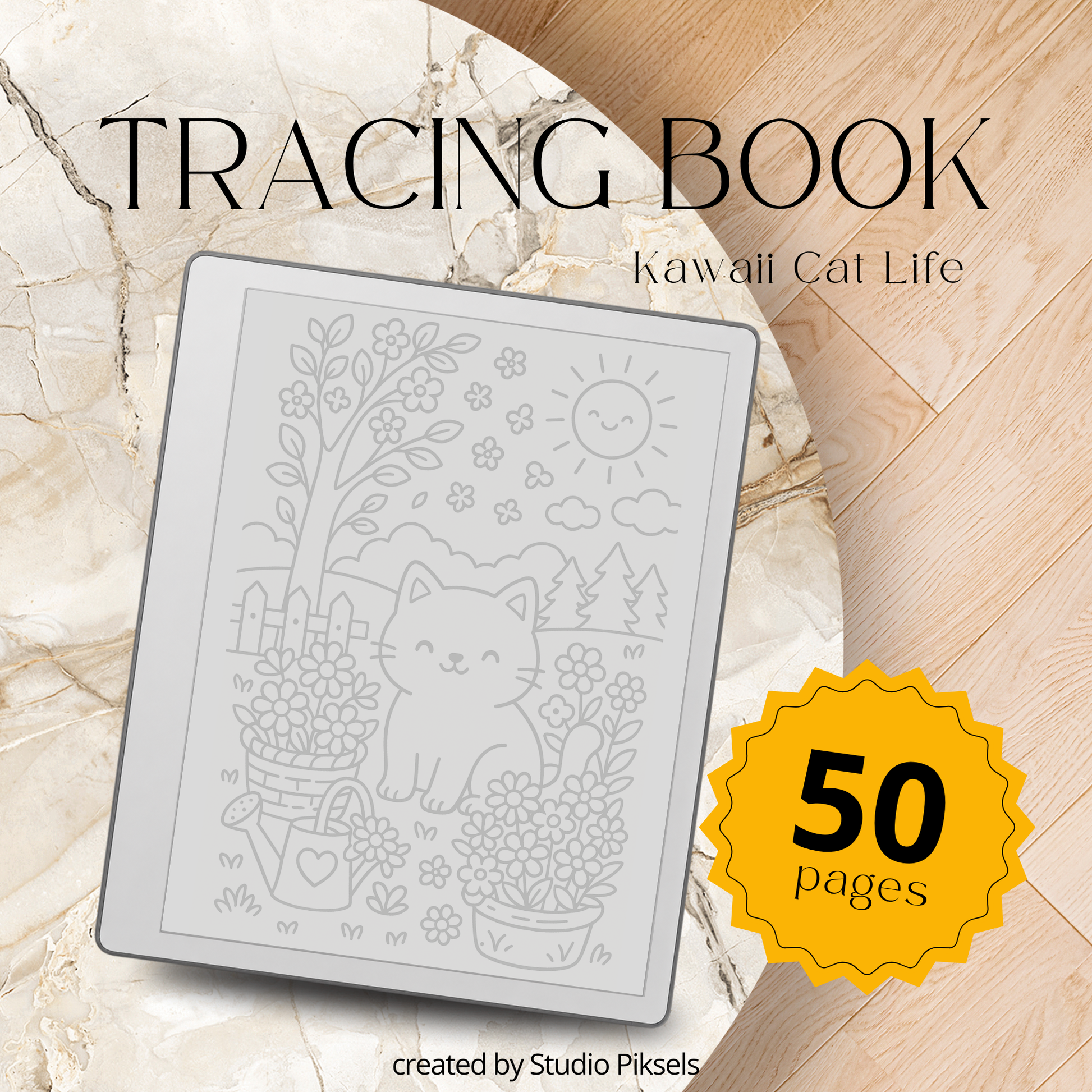 Kawaii tracing book bundle for reMarkable 1, reMarkable 2, and Paper Pure with cute cat life scenes, storefront illustrations, and reusable PDF drawing practice pages.