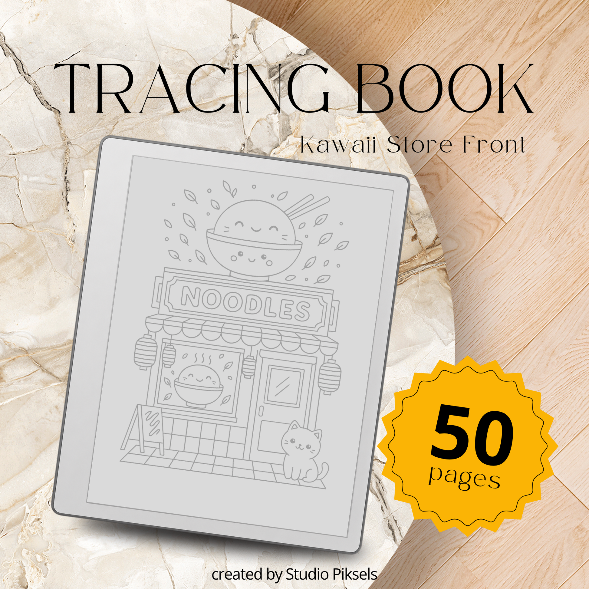 Kawaii tracing book bundle for reMarkable 1, reMarkable 2, and Paper Pure with cute cat life scenes, storefront illustrations, and reusable PDF drawing practice pages.