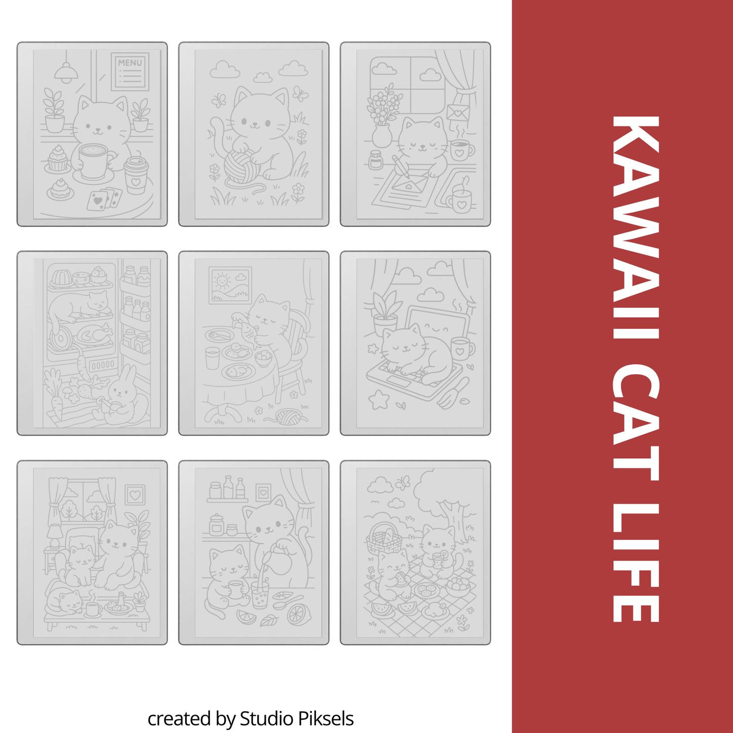 Kawaii tracing book bundle for reMarkable 1, reMarkable 2, and Paper Pure with cute cat life scenes, storefront illustrations, and reusable PDF drawing practice pages.