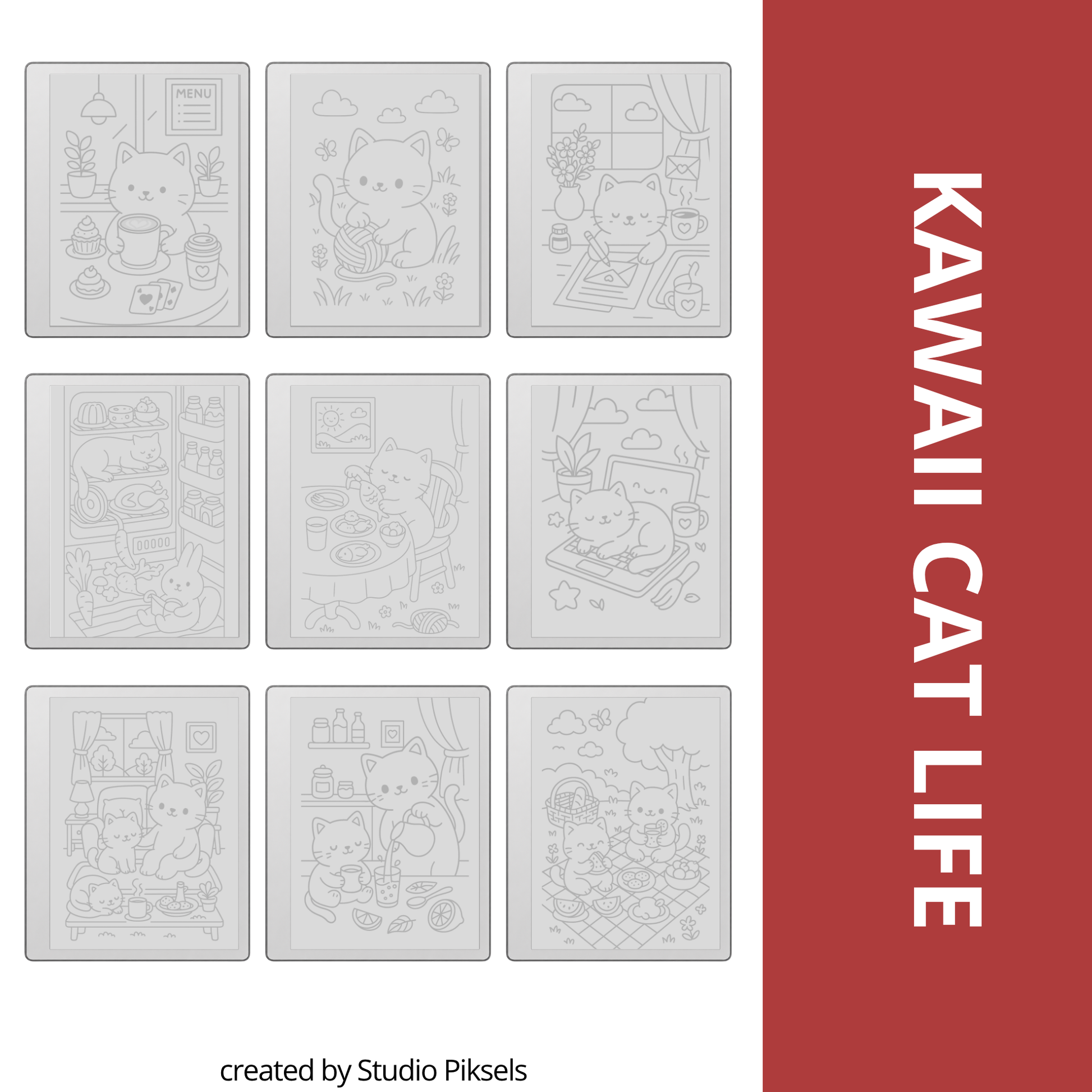 Kawaii tracing book bundle for reMarkable 1, reMarkable 2, and Paper Pure with cute cat life scenes, storefront illustrations, and reusable PDF drawing practice pages.