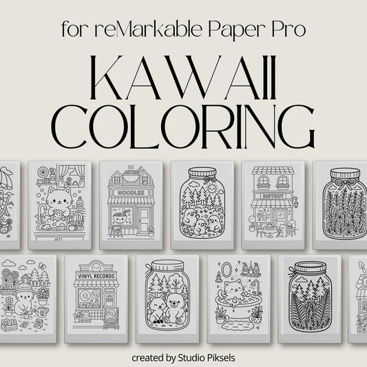 Kawaii Coloring Books for reMarkable Paper Pro and Procreate featuring adorable cats, enchanted forest critters, and cozy storefronts. Perfect for digital coloring.