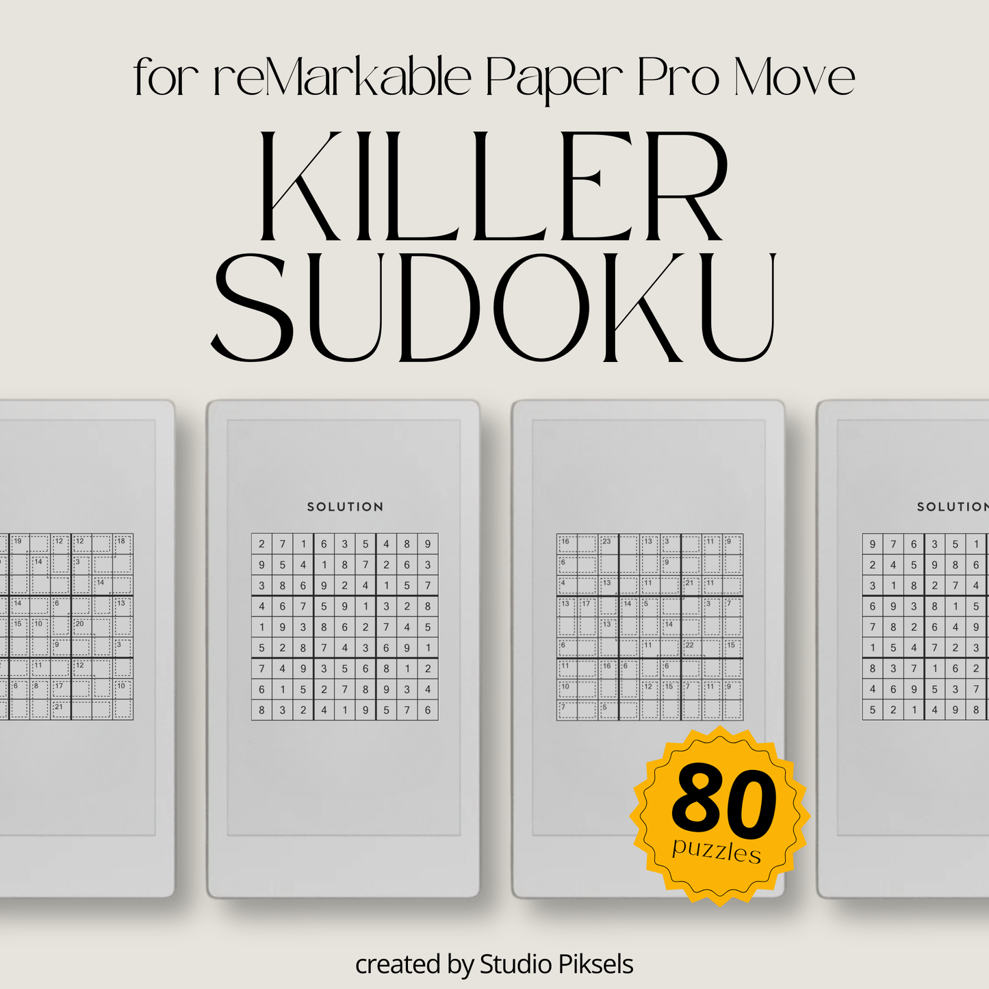 Killer Sudoku book for reMarkable Paper Pro Move with 80 puzzles included