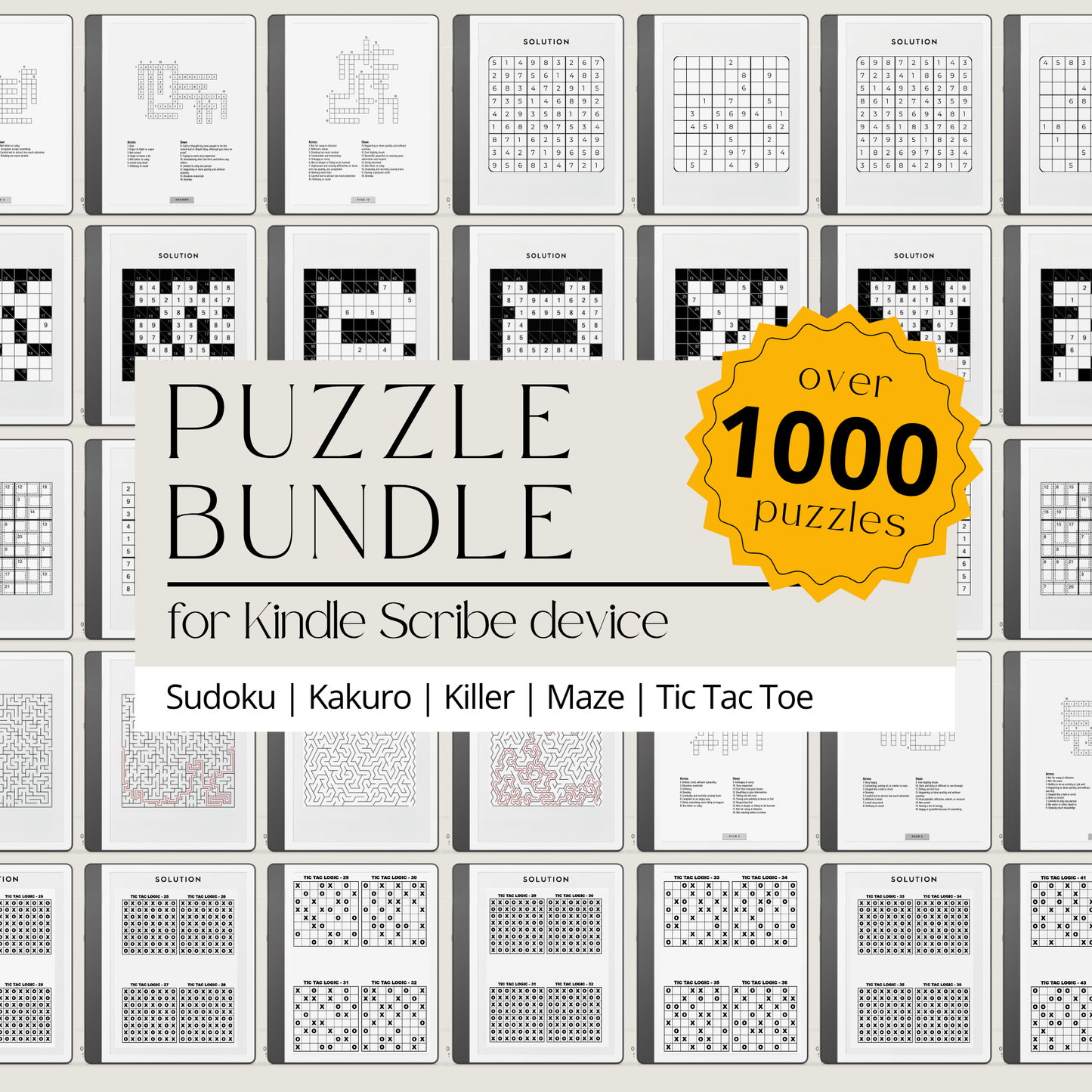 Puzzle Bundle PDF for Kindle Scribe with Sudoku, crossword, Kakuro, maze puzzles, and logic games for brain training.