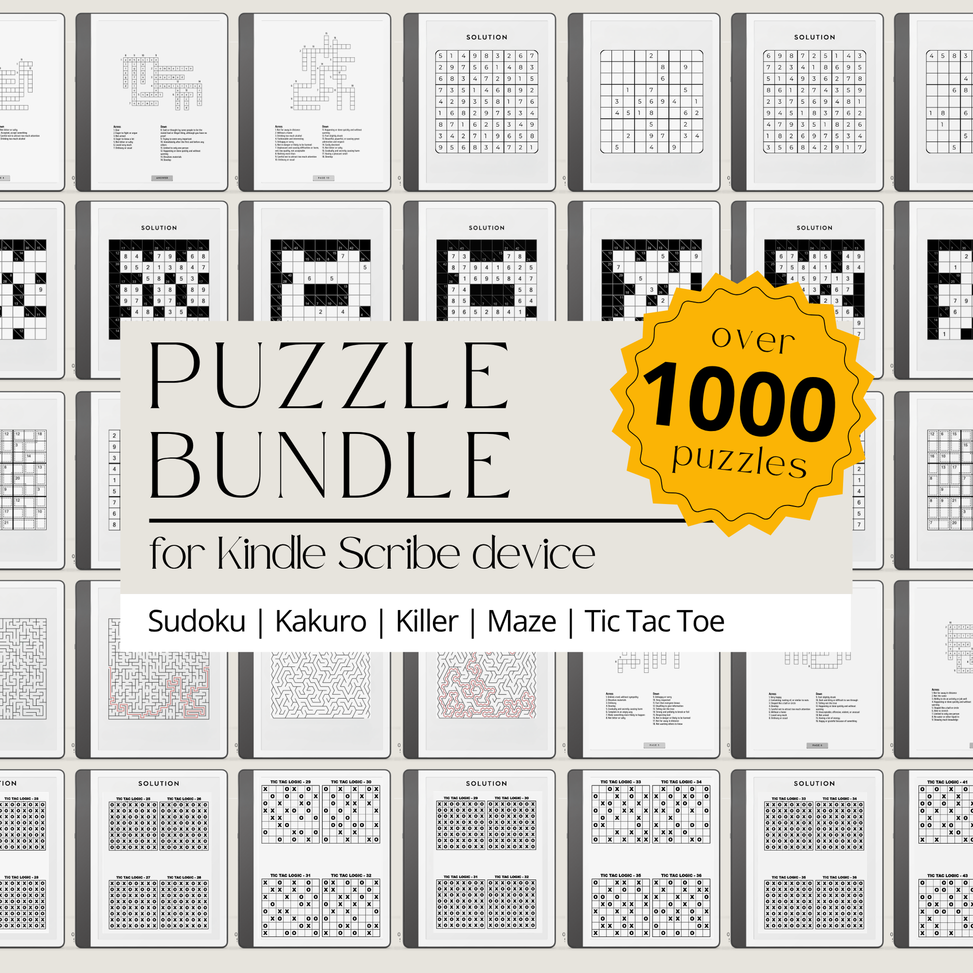 Puzzle Bundle PDF for Kindle Scribe with Sudoku, crossword, Kakuro, maze puzzles, and logic games for brain training.