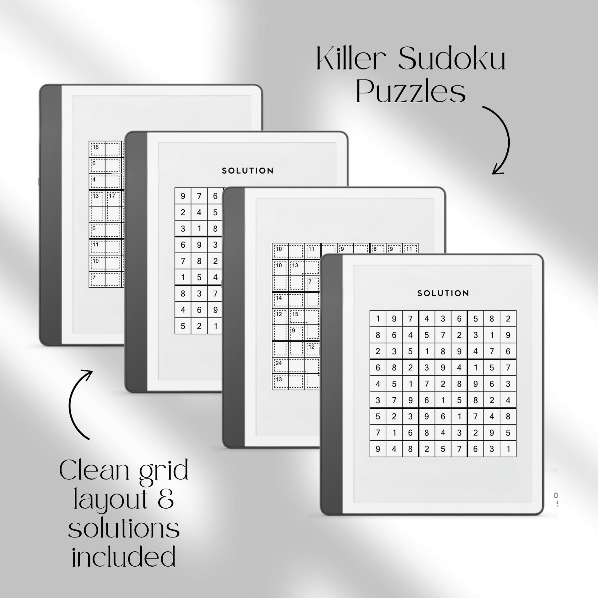 Puzzle Bundle PDF for Kindle Scribe with Sudoku, crossword, Kakuro, maze puzzles, and logic games for brain training.