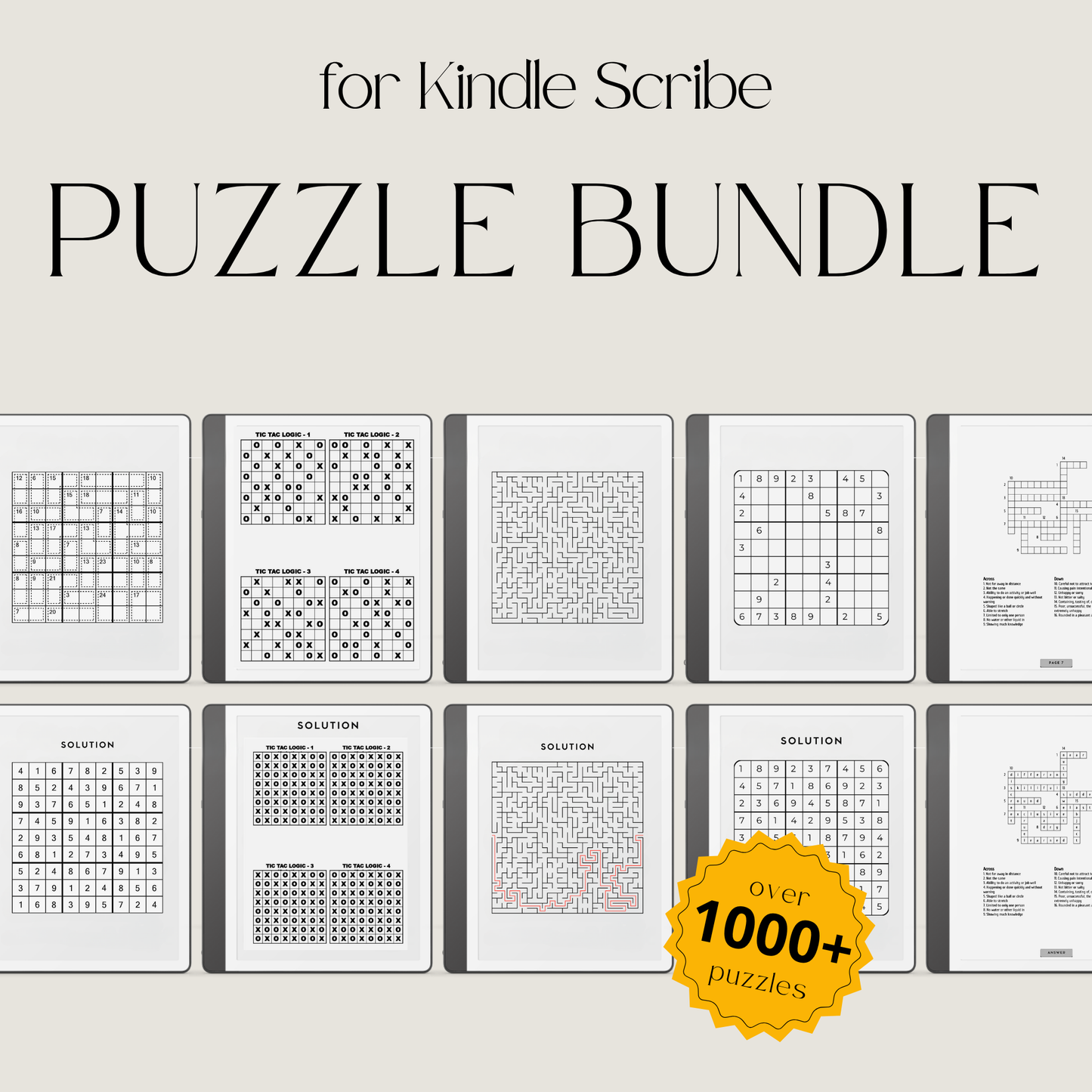 Puzzle Bundle PDF for Kindle Scribe with Sudoku, crossword, Kakuro, maze puzzles, and logic games for brain training.