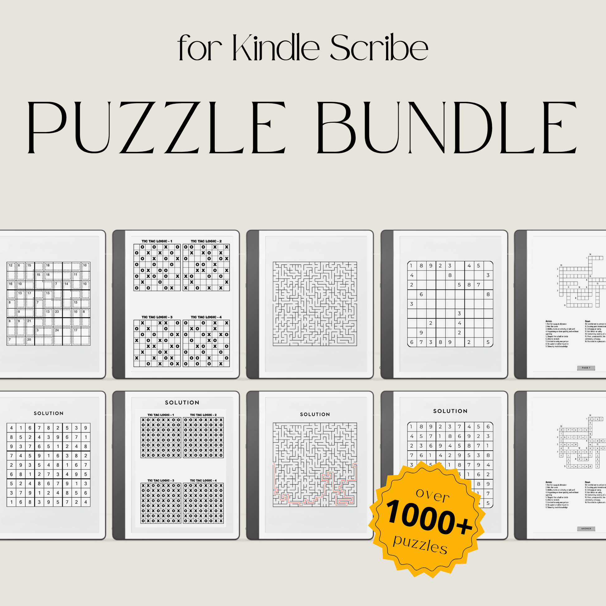 Puzzle Bundle PDF for Kindle Scribe with Sudoku, crossword, Kakuro, maze puzzles, and logic games for brain training.