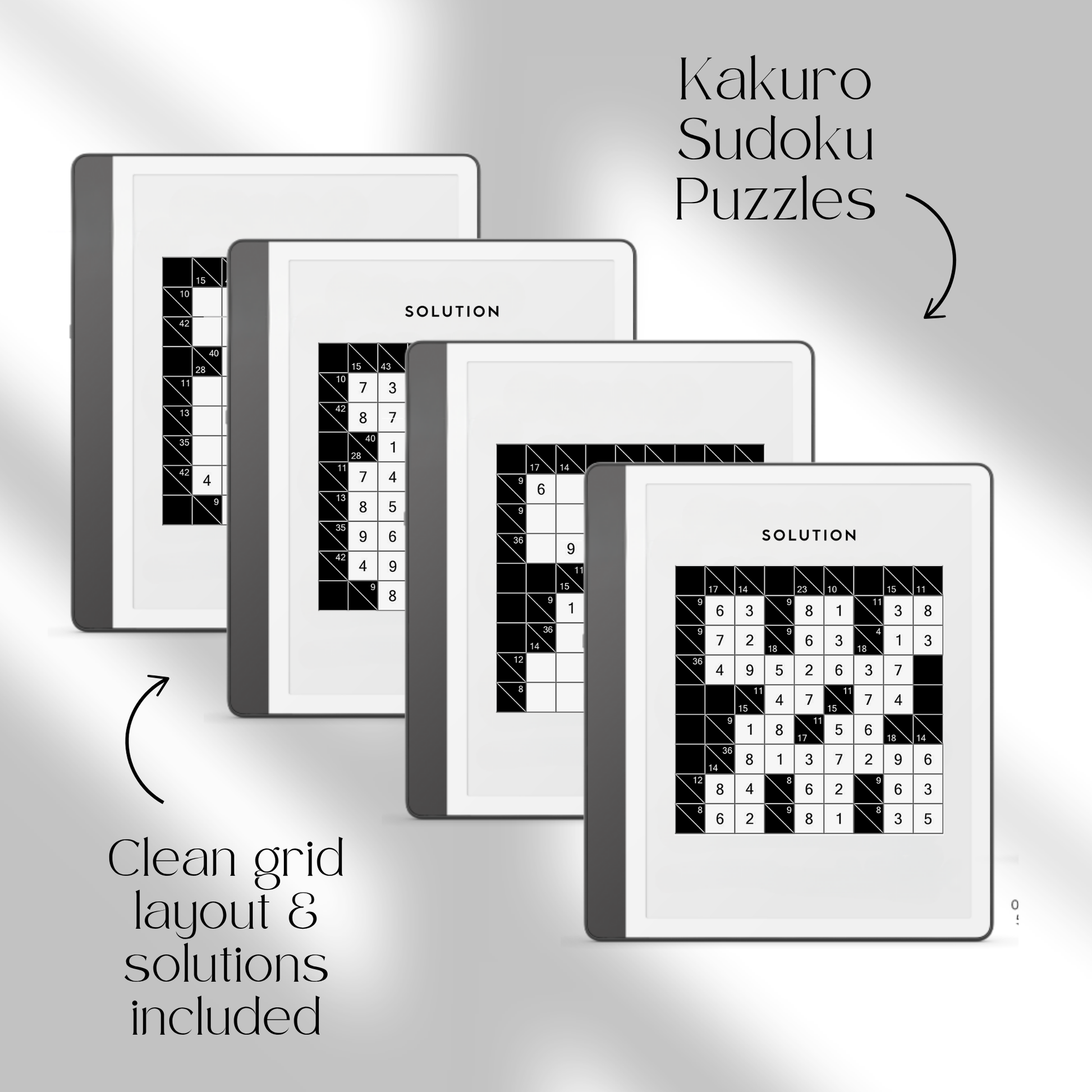 Puzzle Bundle PDF for Kindle Scribe with Sudoku, crossword, Kakuro, maze puzzles, and logic games for brain training.