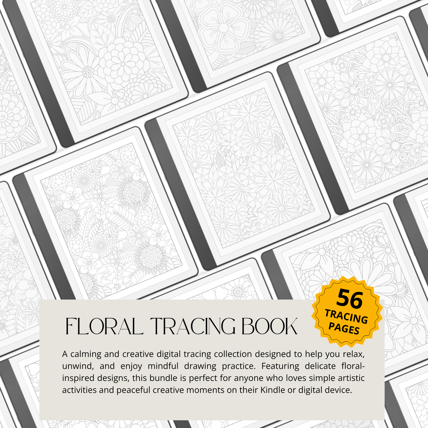 Kindle Scribe Starter Bundle:  digital floral tracing book bundle, showing multiple white tracing pages with delicate gray floral line art 