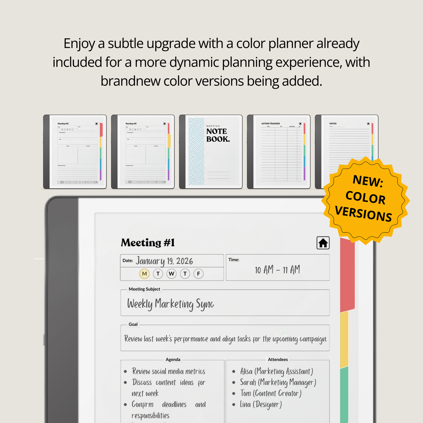 Kindle Scribe Starter Bundle:  color planner template,  'Enjoy a subtle upgrade with a color planner already included'