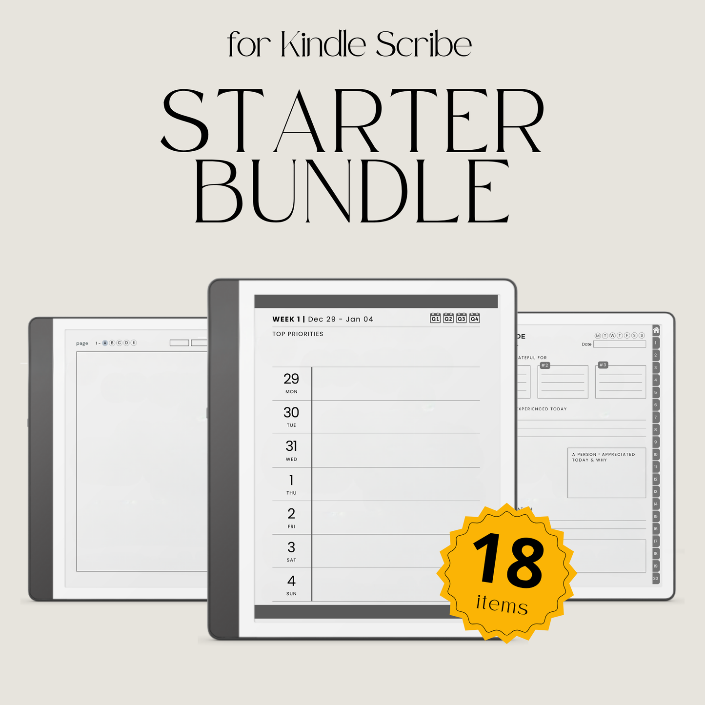 Kindle Scribe starter bundle showing three digital planner/e-book screen mockups 