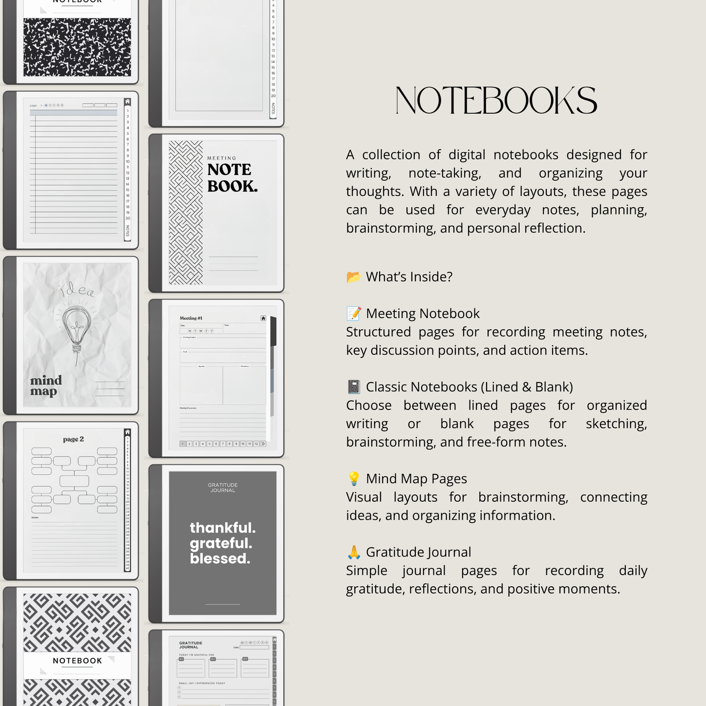 Kindle Scribe Starter Bundle: notebook collection, showing multiple notebook and page layout previews on the left and descriptive text on the right. The text mentions notebooks for writing, note-taking, planning, brainstorming, and reflection, along with sections for meeting notes, classic notebooks, mind map pages, and gratitude journals.