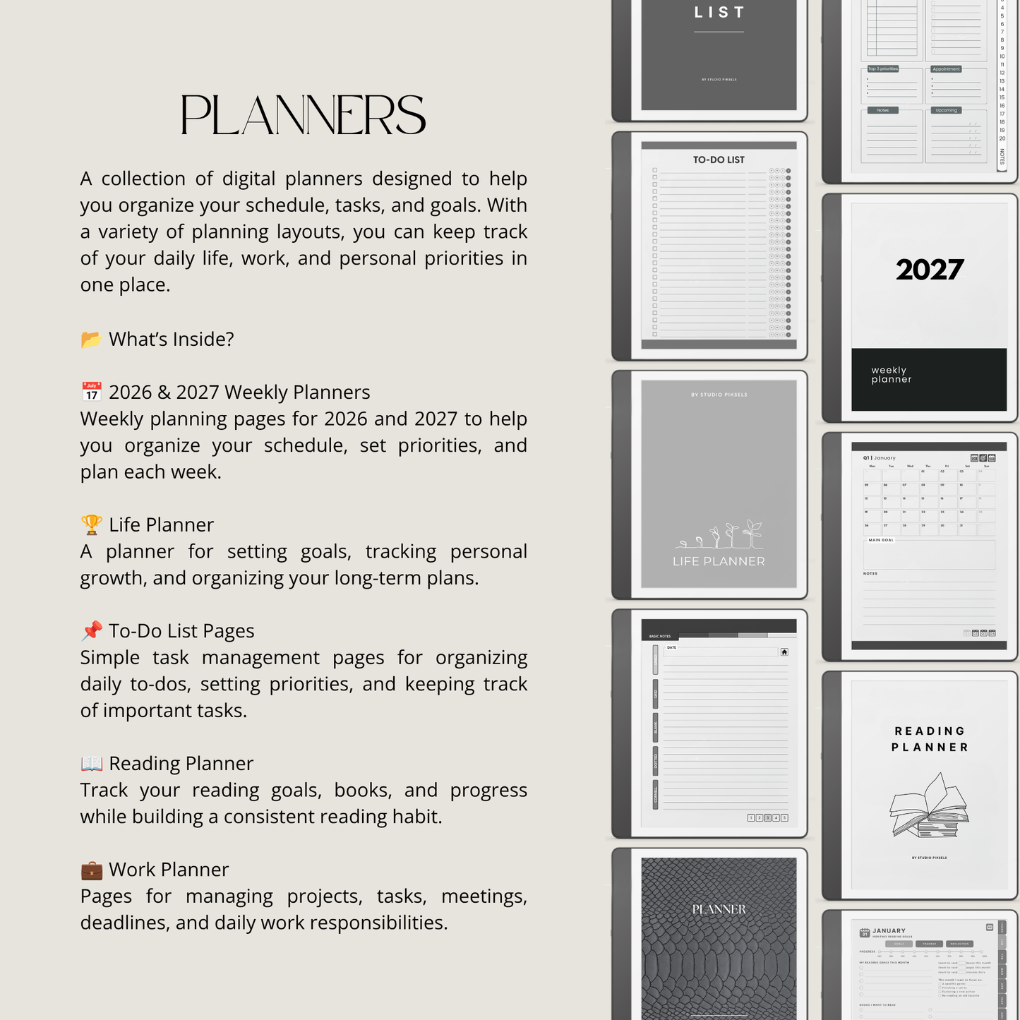 Kindle Scribe Starter Bundle:  preview panels showing different planner pages and covers, including a 2027 weekly planner, a life planner, a to-do list page, a reading planner, and a work planner.