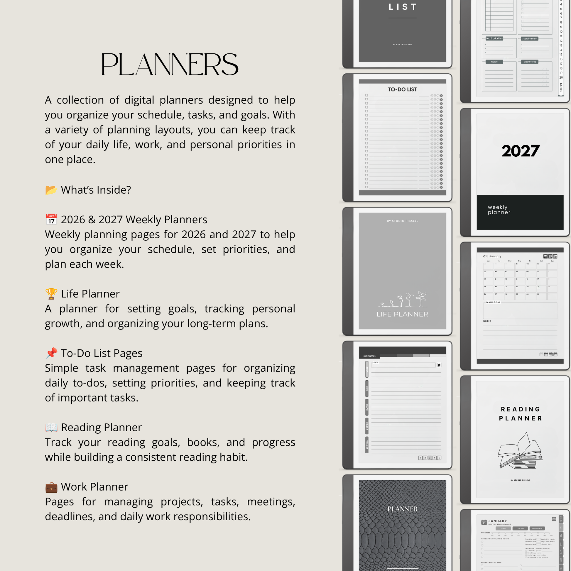 Kindle Scribe Starter Bundle:  preview panels showing different planner pages and covers, including a 2027 weekly planner, a life planner, a to-do list page, a reading planner, and a work planner.