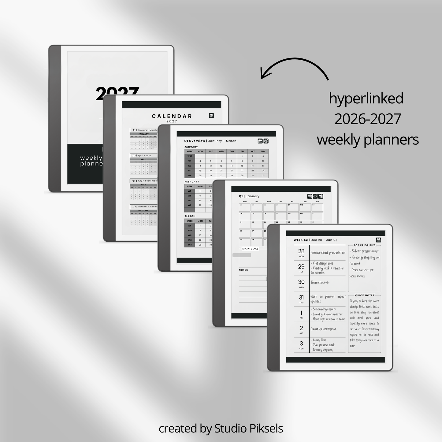 Kindle Scribe Starter Bundle:   weekly planner templates shown, with text reading 'hyperlinked 2026-2027 weekly planners' 