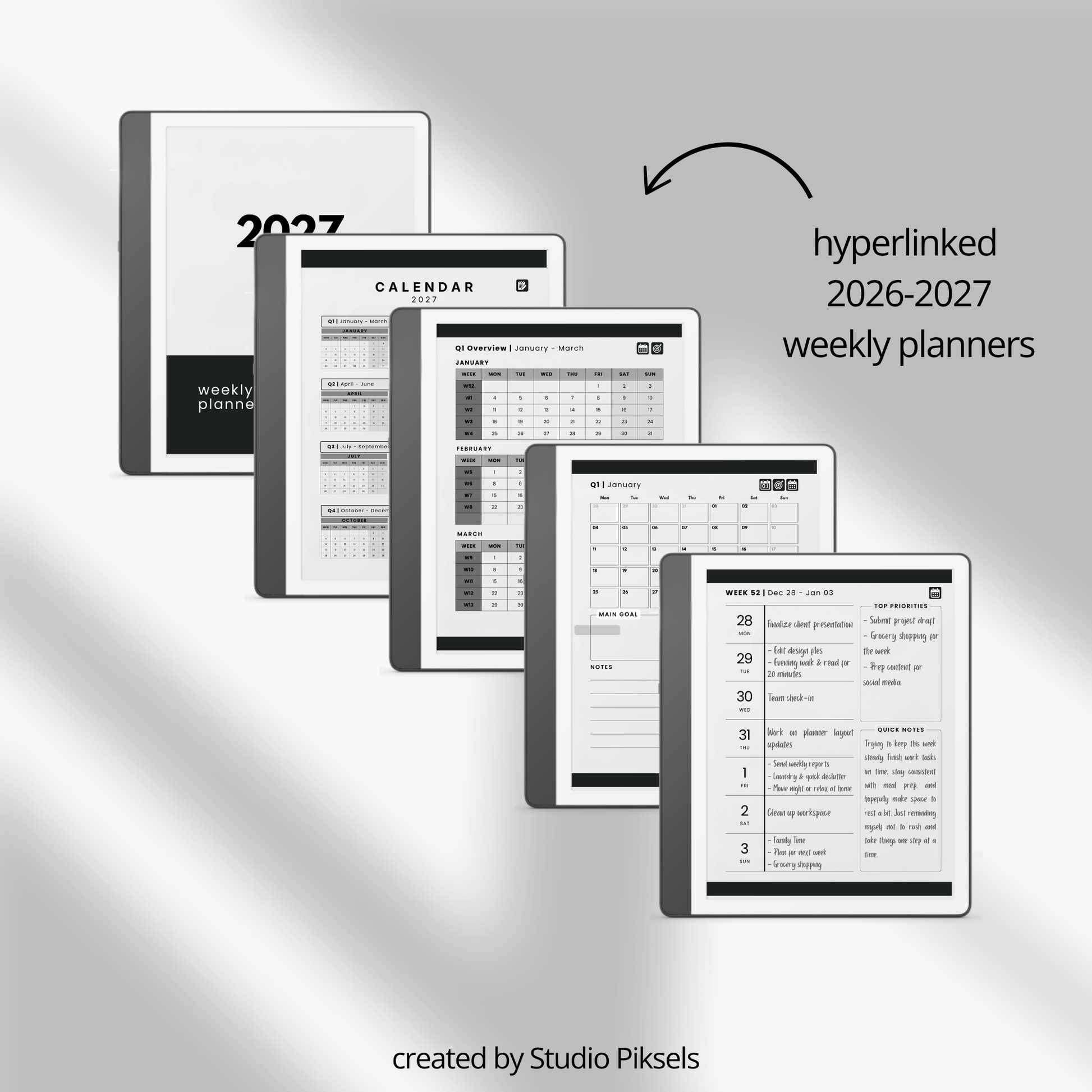Kindle Scribe Starter Bundle:   weekly planner templates shown, with text reading 'hyperlinked 2026-2027 weekly planners' 