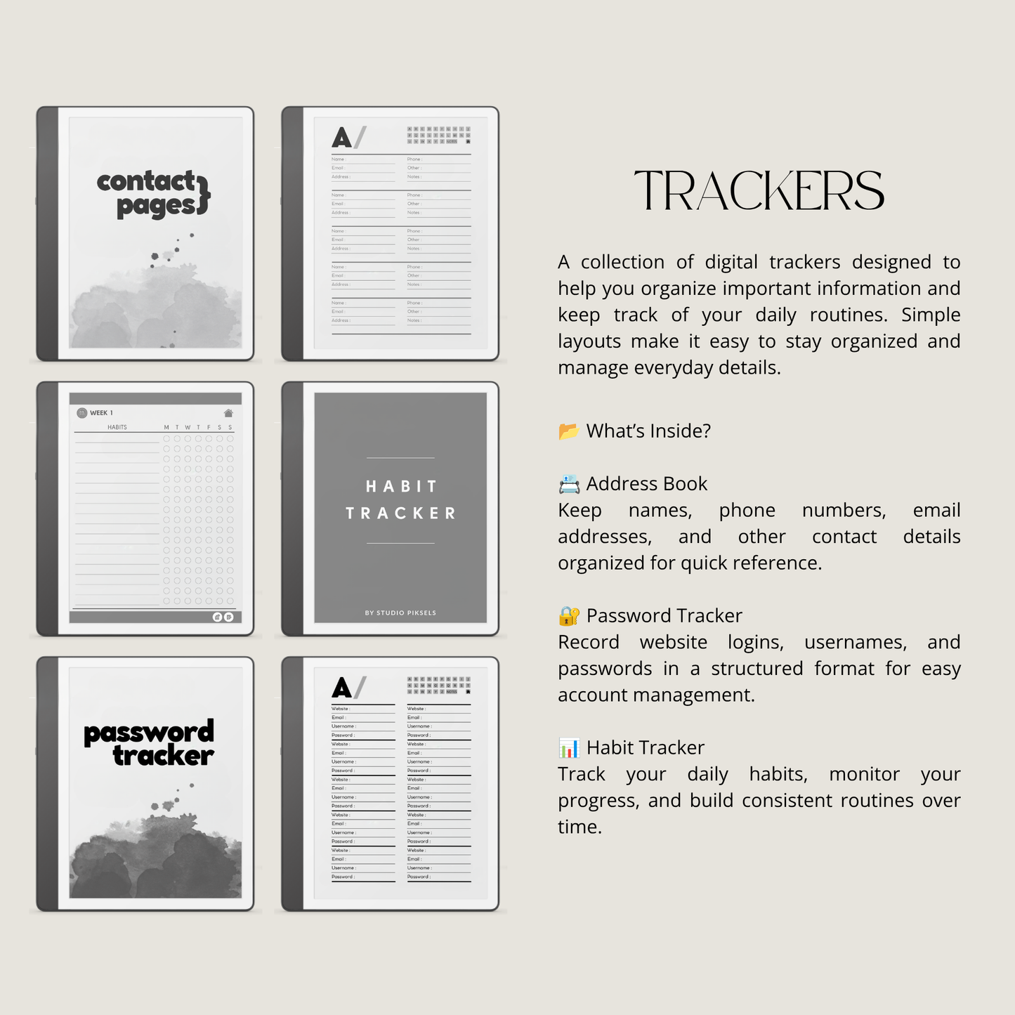 Kindle Scribe Starter Bundle:  minimalist planner tracker pages and covers. The set includes a contact pages cover, an address book tracker page, a habit tracker cover, a password tracker page, and other tracking sheets.