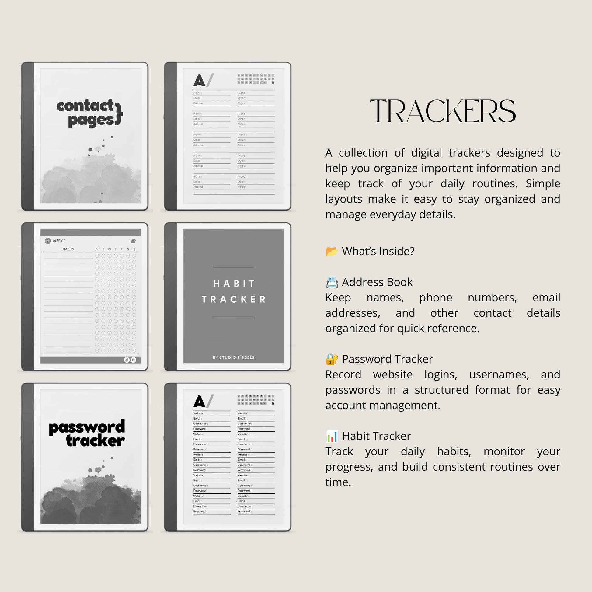 Kindle Scribe Starter Bundle:  minimalist planner tracker pages and covers. The set includes a contact pages cover, an address book tracker page, a habit tracker cover, a password tracker page, and other tracking sheets.