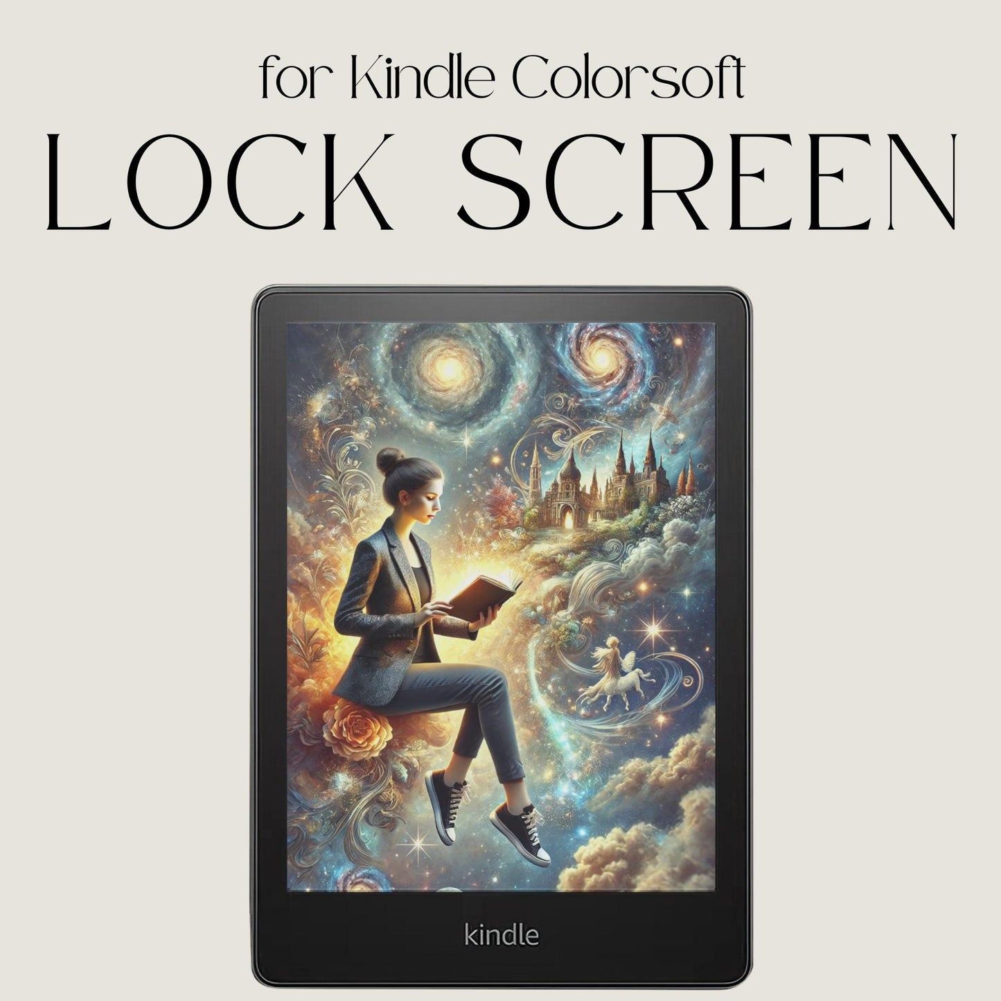 Kindle Colorsoft fantasy galaxy lock screen with magical stars, castles, and whimsical reader artwork in EPUB format