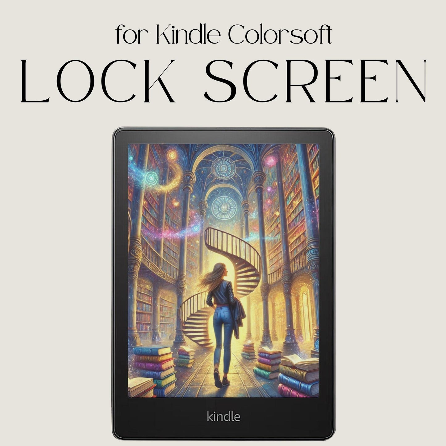 Kindle Colorsoft magical library lock screen with spiral staircase, glowing bookshelves, and fantasy reading artwork in EPUB format