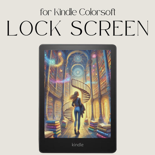 Kindle Colorsoft magical library lock screen with spiral staircase, glowing bookshelves, and fantasy reading artwork in EPUB format