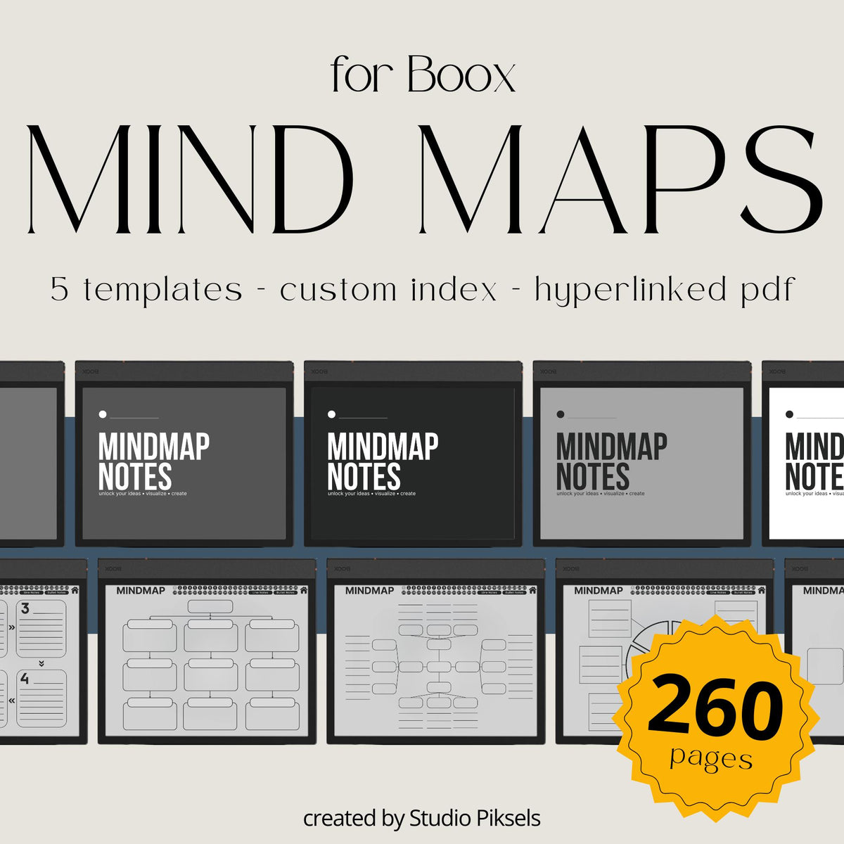 Meeting Minutes Notebook Bundle for BOOX with hyperlinked meeting note pages, customizable indexes, and professional grayscale layouts.