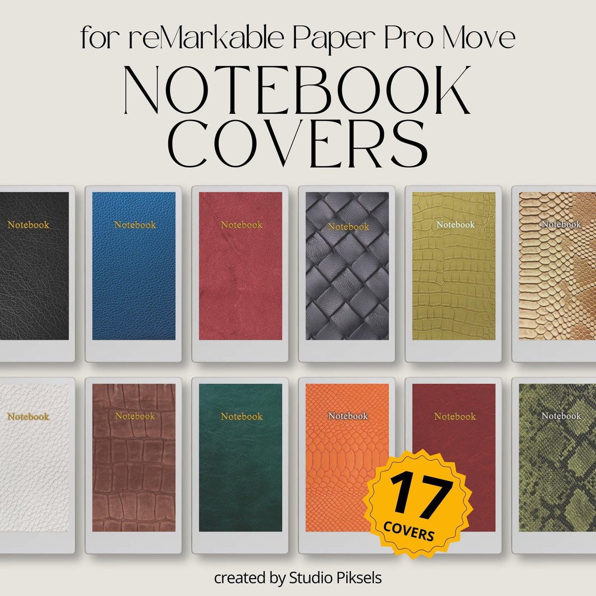 Leather-look notebook cover bundle for the reMarkable Paper Pro Move featuring 17 texturized digital covers, executive planner styles, and file organization layouts.