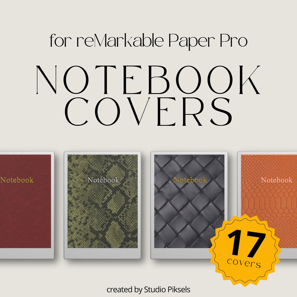 Customize your digital notebooks with this Leather Notebook Cover Bundle designed for reMarkable Paper Pro and other reMarkable devices. This collection includes 17 leather-inspired notebook covers featuring textured patterns, rich colors, and elegant layouts for a polished and professional digital workspace.