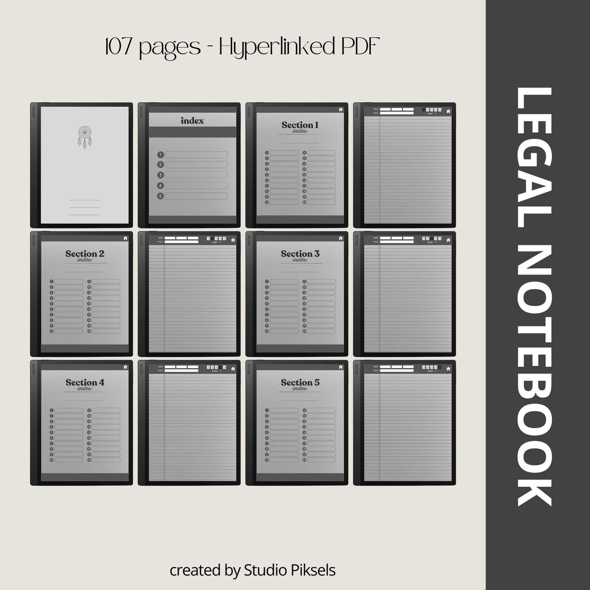Legal Pad Notebook Bundle for BOOX with hyperlinked digital notebooks, legal pad note pages, and light and dark grayscale layouts.