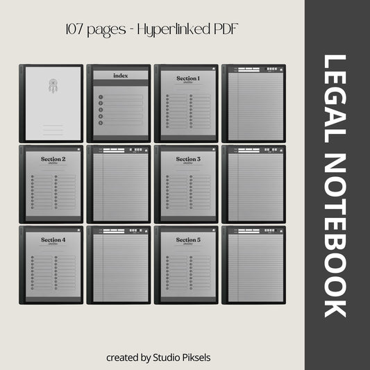 Legal Pad Notebook Bundle for BOOX with hyperlinked digital notebooks, legal pad note pages, and light and dark grayscale layouts.