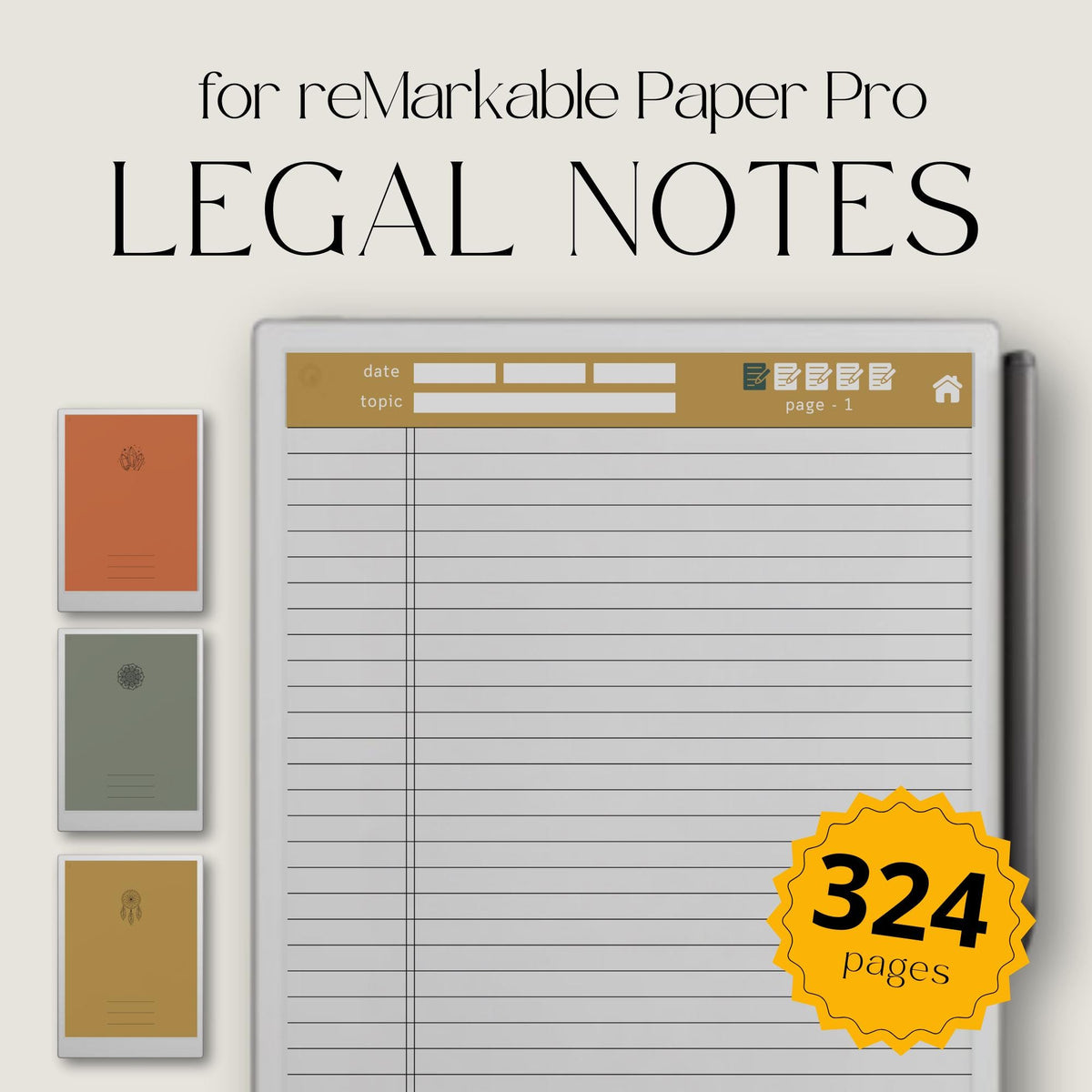 Hyperlinked Legal Pad Notebook Bundle for reMarkable Paper Pro with three digital legal notebooks, interactive index and sub-index navigation, legal-style lined note pages, date and topic fields, coordinated color themes, and structured note-taking templates for meetings, research, project planning, journaling, brainstorming, and everyday organization.