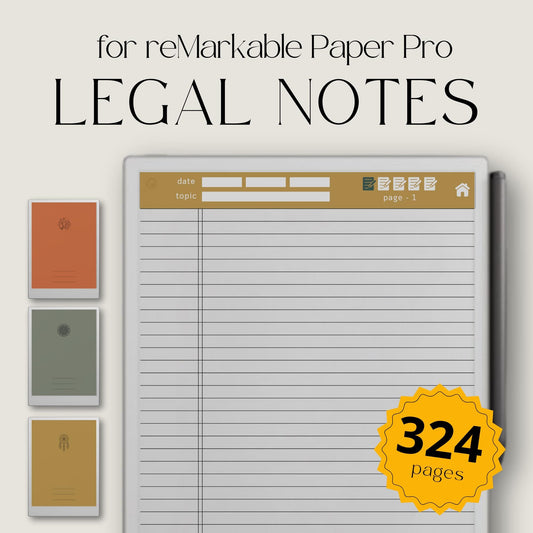 Hyperlinked Legal Pad Notebook Bundle for reMarkable Paper Pro with three digital legal notebooks, interactive index and sub-index navigation, legal-style lined note pages, date and topic fields, coordinated color themes, and structured note-taking templates for meetings, research, project planning, journaling, brainstorming, and everyday organization.