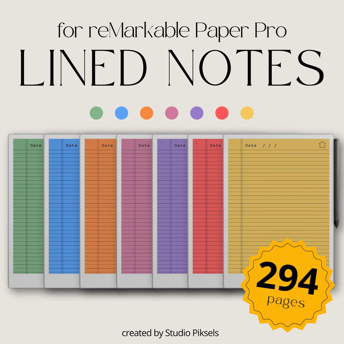 Legal Pad Notebook Bundle for reMarkable Paper Pro with seven color-coded hyperlinked notebooks, classic legal pad note pages, interactive indexes, lined writing templates, and reusable digital notebooks for organized note-taking, project planning, journaling, brainstorming, and meeting notes.