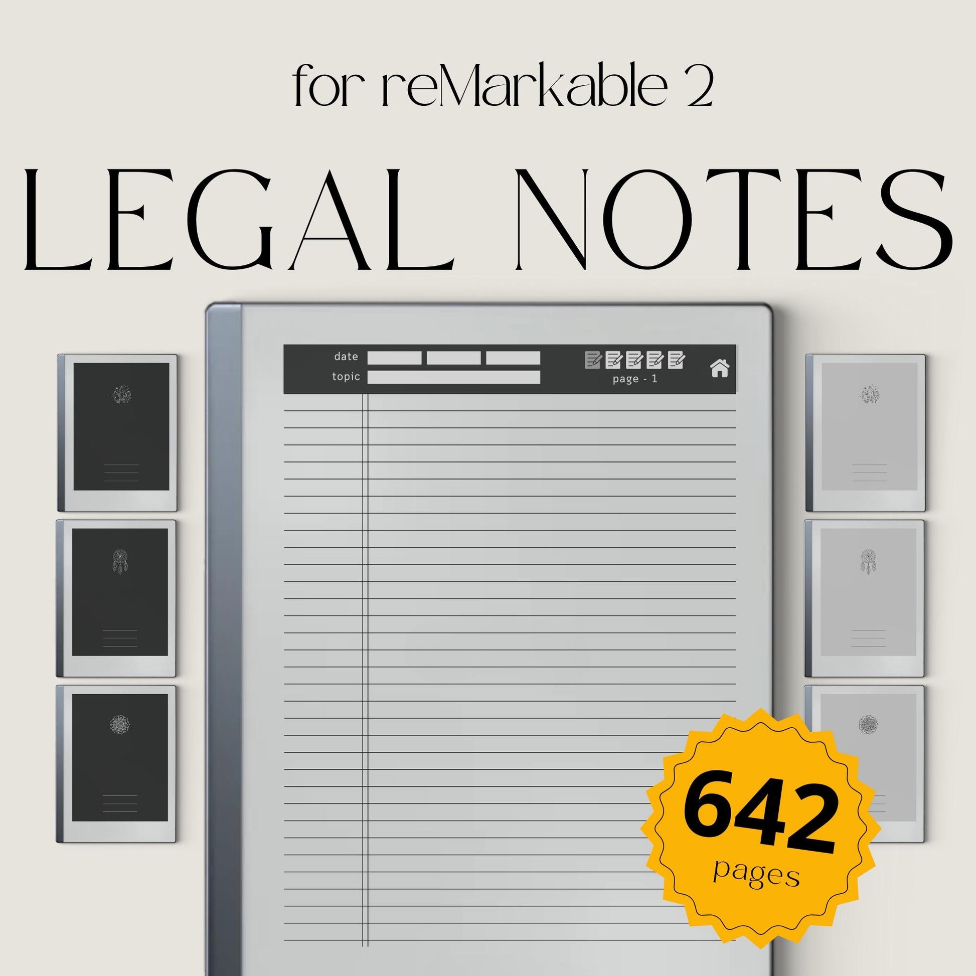Legal Pad Notebook Bundle for reMarkable featuring six hyperlinked digital notebooks with legal pad layouts, customizable indexes, and light and dark mode designs