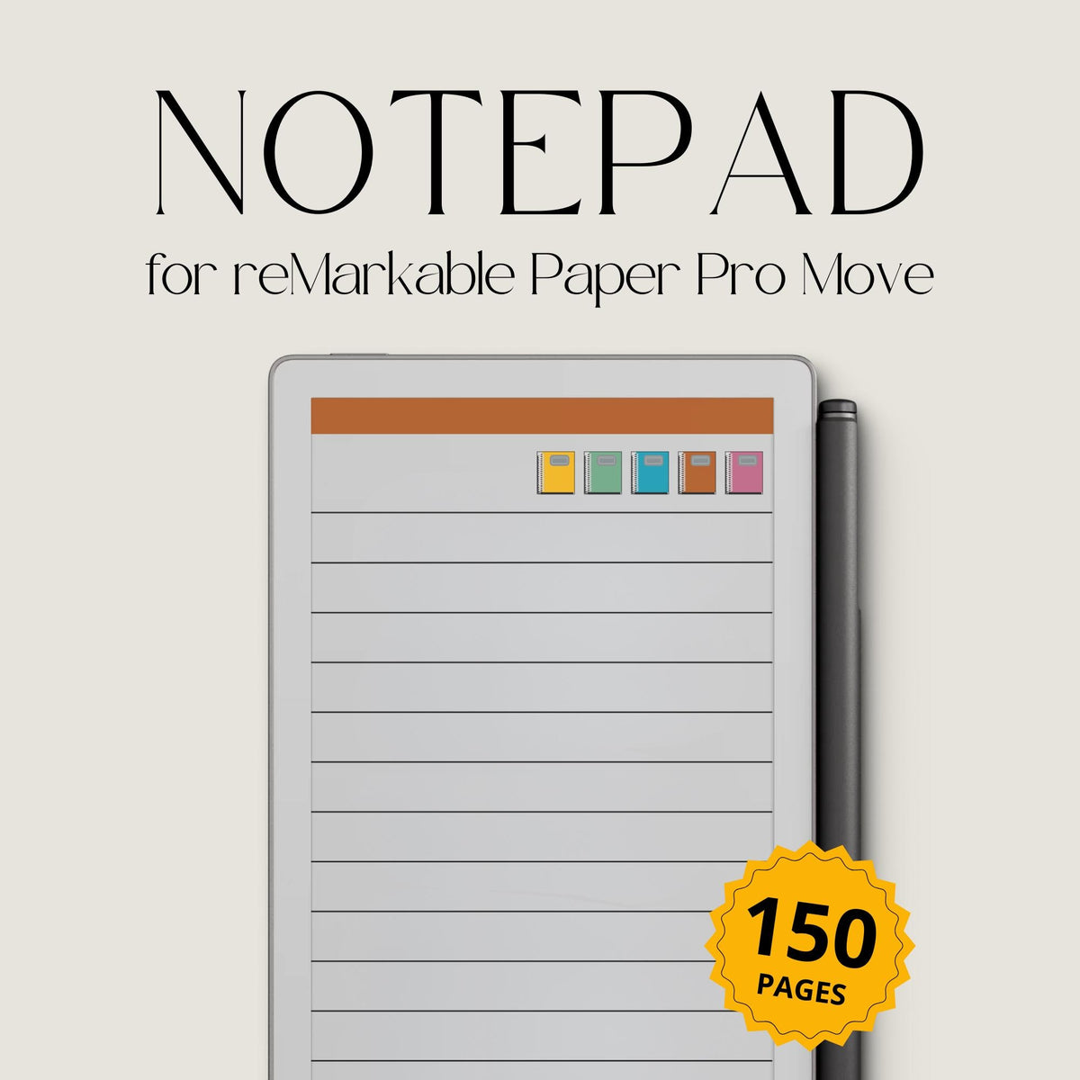 Hyperlinked digital notepad for reMarkable Paper Pro Move with lined pages, color-coded sections, and clickable notebook navigation