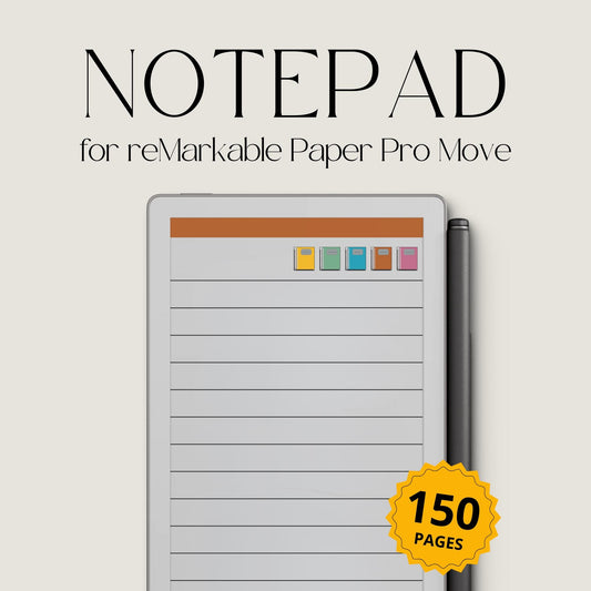 Hyperlinked digital notepad for reMarkable Paper Pro Move with lined pages, color-coded sections, and clickable notebook navigation