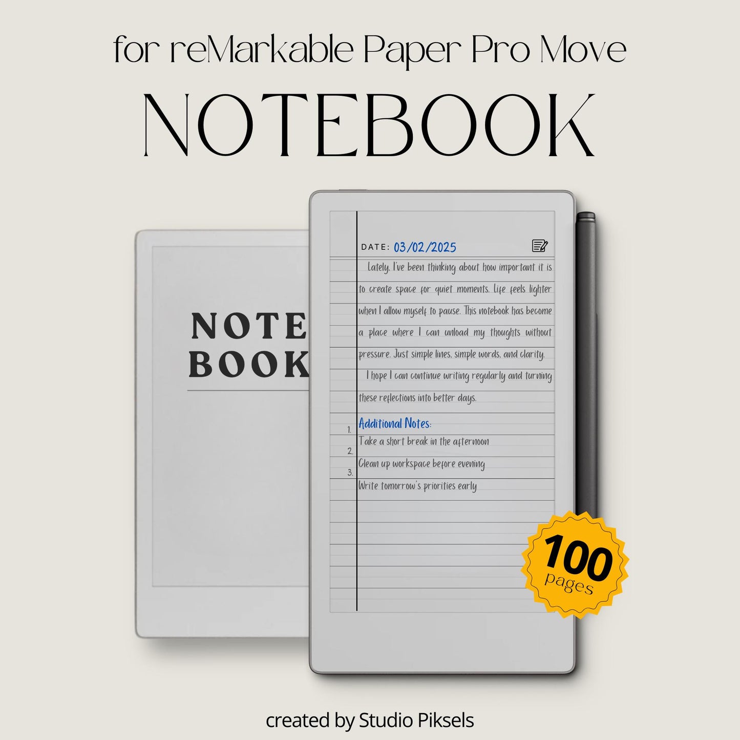 100 page legal ruled notebook PDF for reMarkable Paper Pro Move with vertical margin and black, blue, and red line layouts.