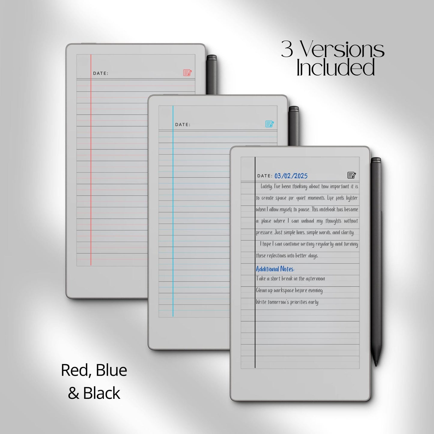 100 page legal ruled notebook PDF for reMarkable Paper Pro Move with vertical margin and black, blue, and red line layouts.