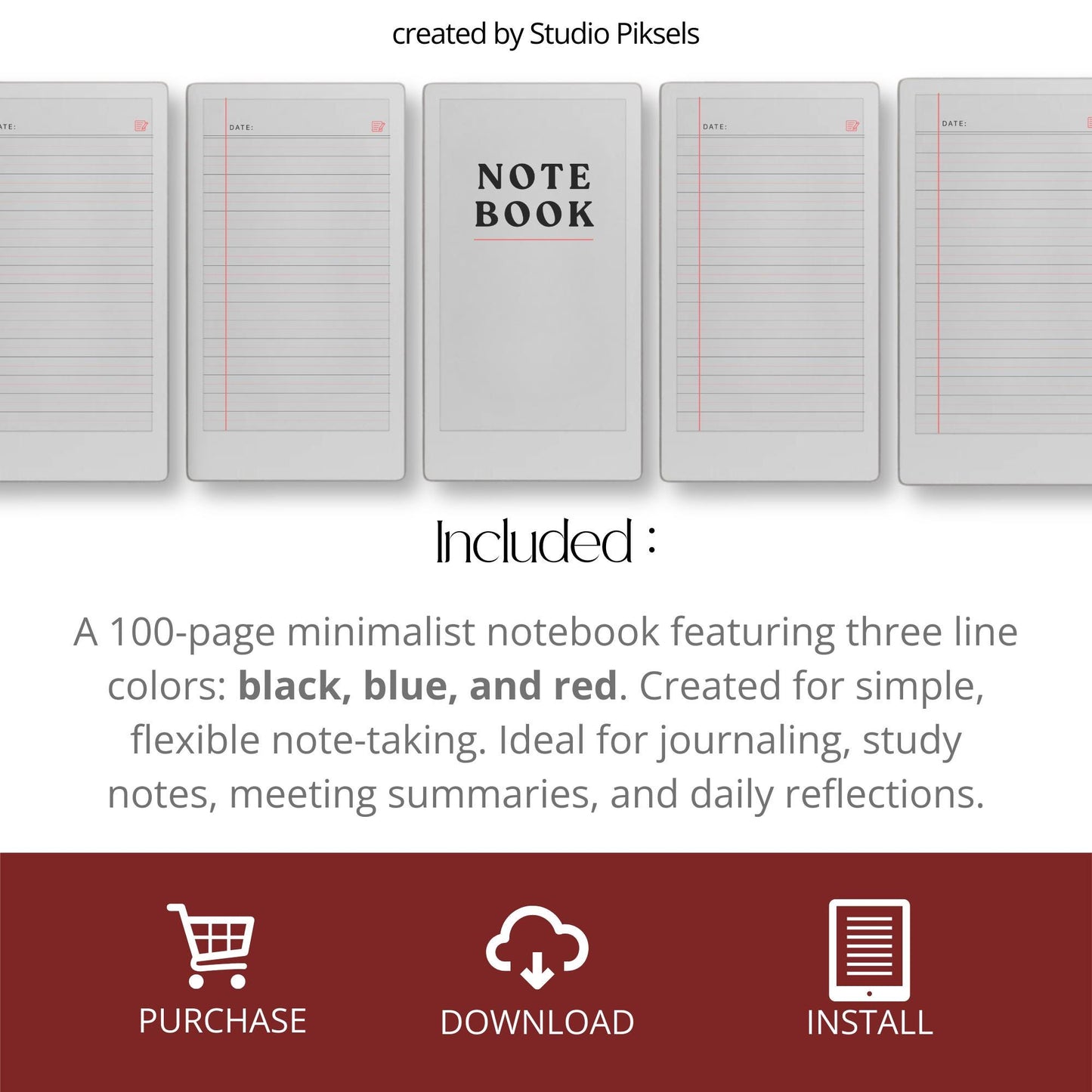 100 page legal ruled notebook PDF for reMarkable Paper Pro Move with vertical margin and black, blue, and red line layouts.