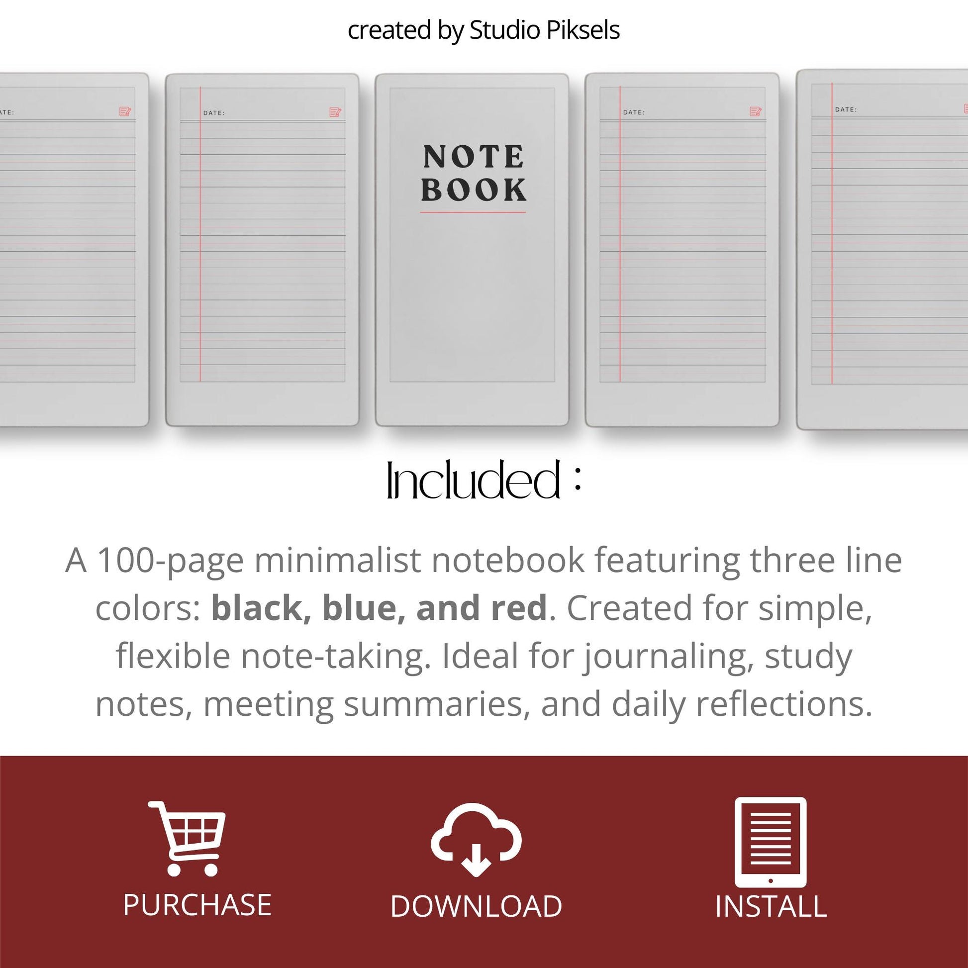 100 page legal ruled notebook PDF for reMarkable Paper Pro Move with vertical margin and black, blue, and red line layouts.
