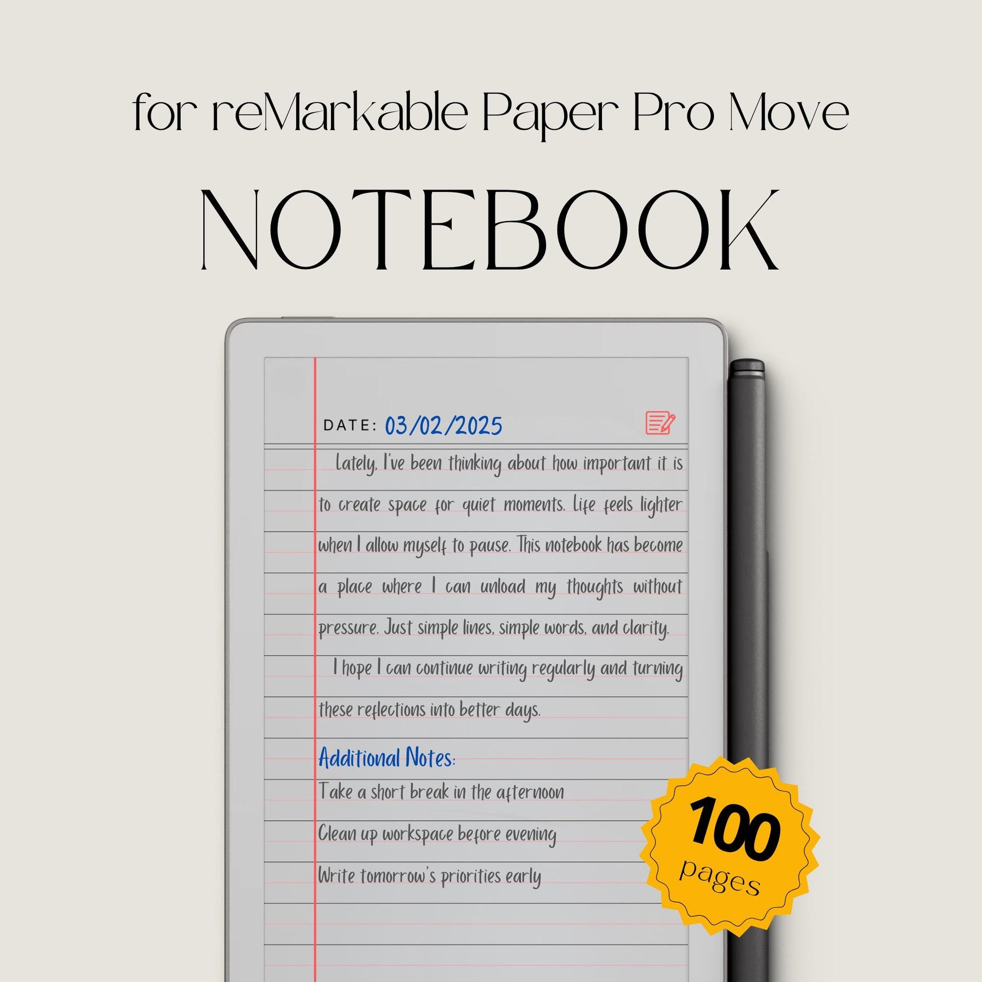 100 page legal ruled notebook PDF for reMarkable Paper Pro Move with vertical margin and black, blue, and red line layouts.