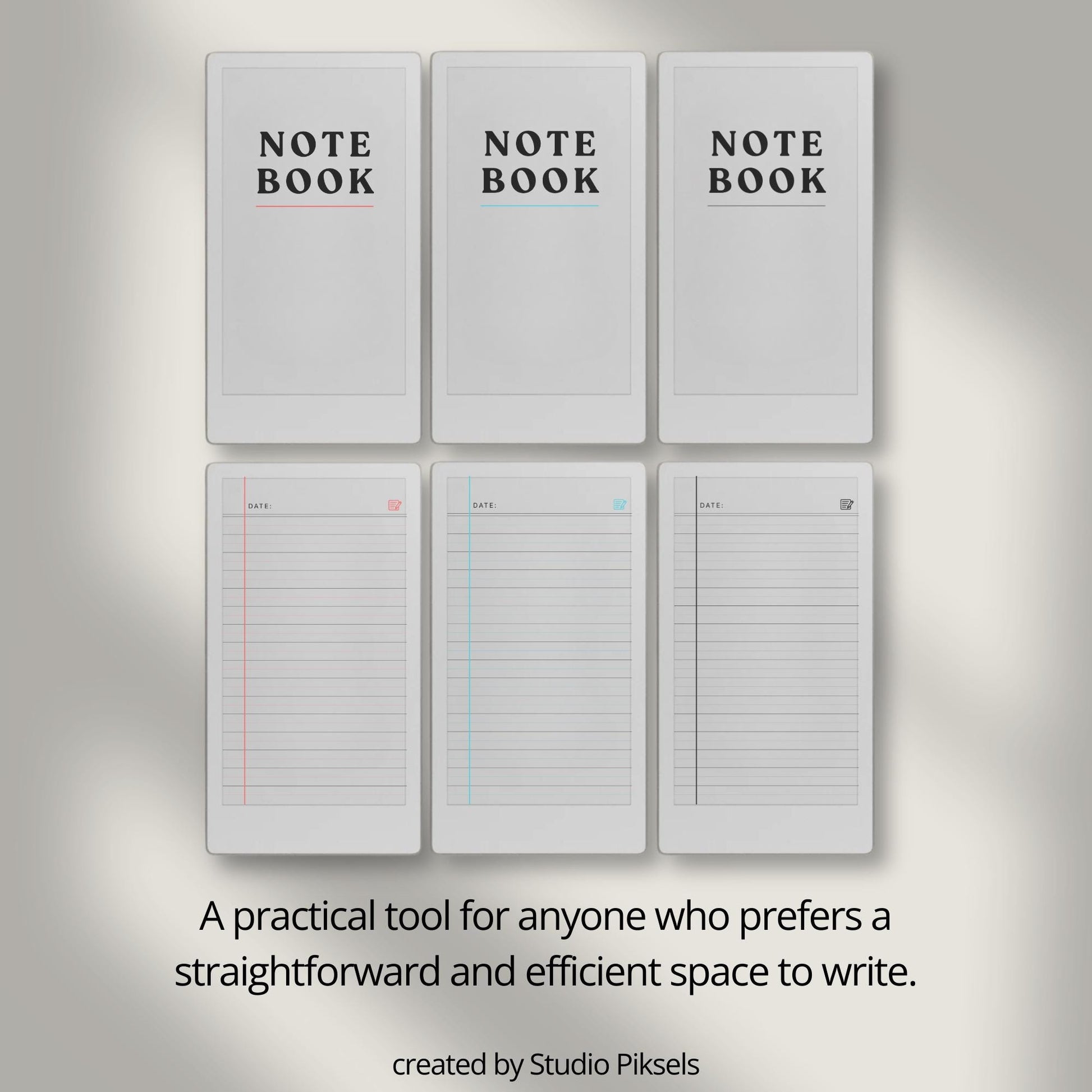100 page legal ruled notebook PDF for reMarkable Paper Pro Move with vertical margin and black, blue, and red line layouts.