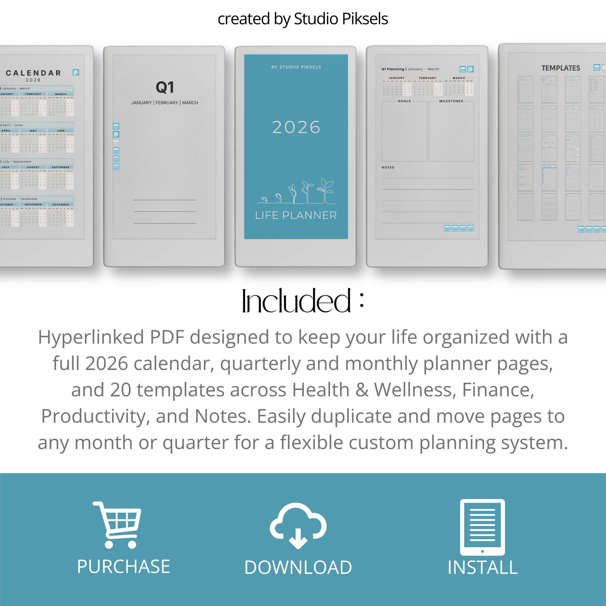 Life Planner 2026 PDF for reMarkable Paper Pro Move with hyperlinked calendar, templates, and customizable pages.