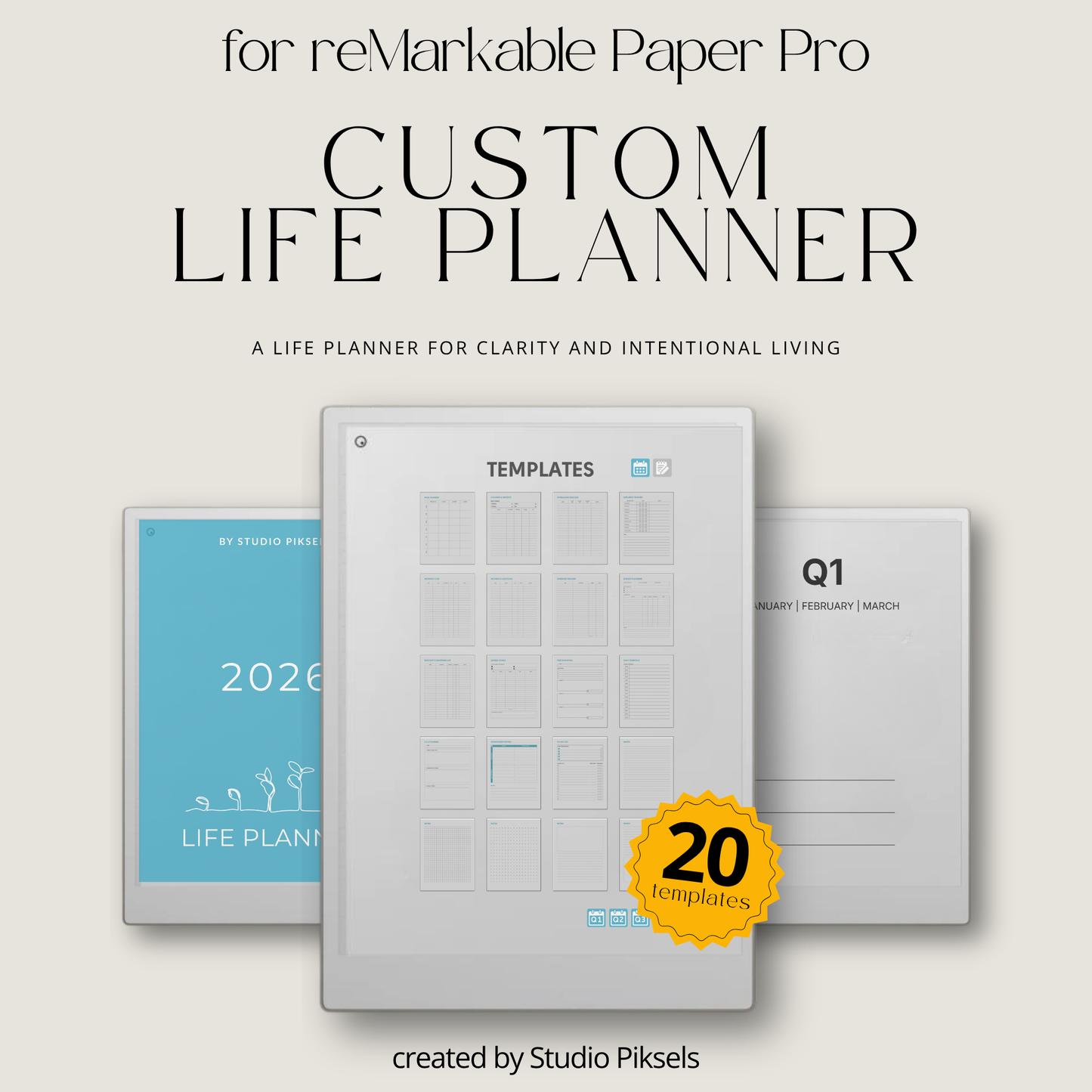Life Planner 2026 PDF for reMarkable Paper Pro with hyperlinked calendar, templates, and customizable pages.