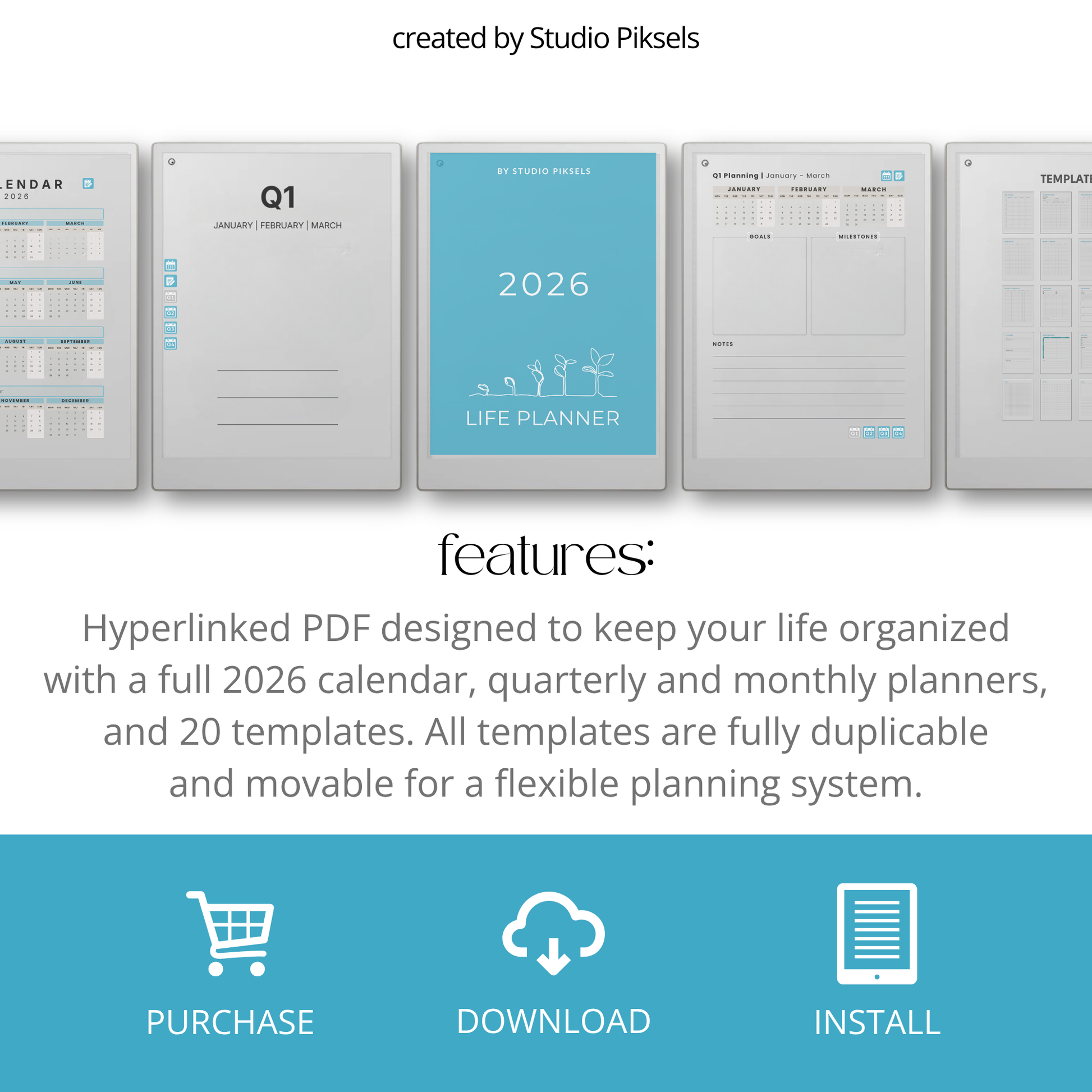 Life Planner 2026 PDF for reMarkable Paper Pro with hyperlinked calendar, templates, and customizable pages.