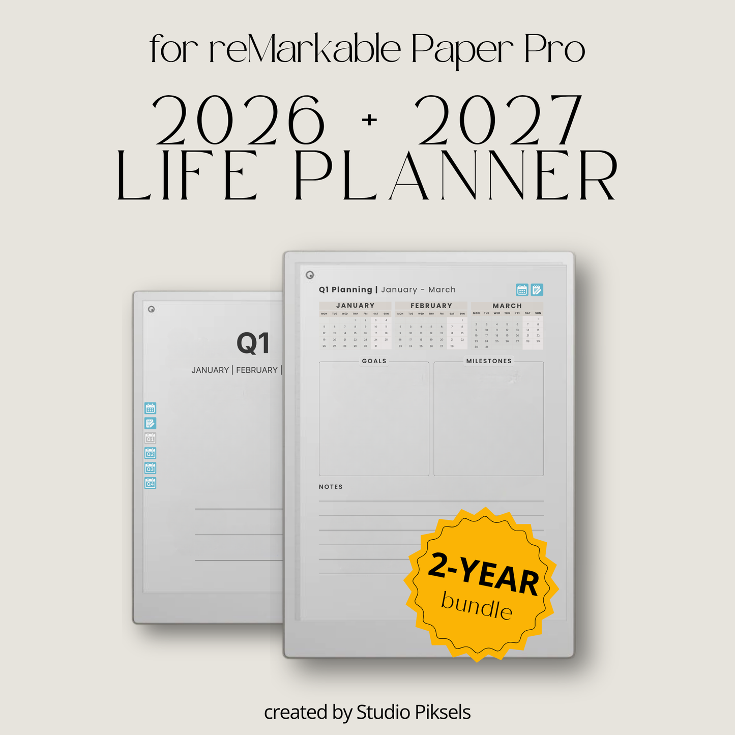 Life Planner Bundle 2026 and 2027 PDF for reMarkable Paper Pro with hyperlinked calendar and customizable templates.