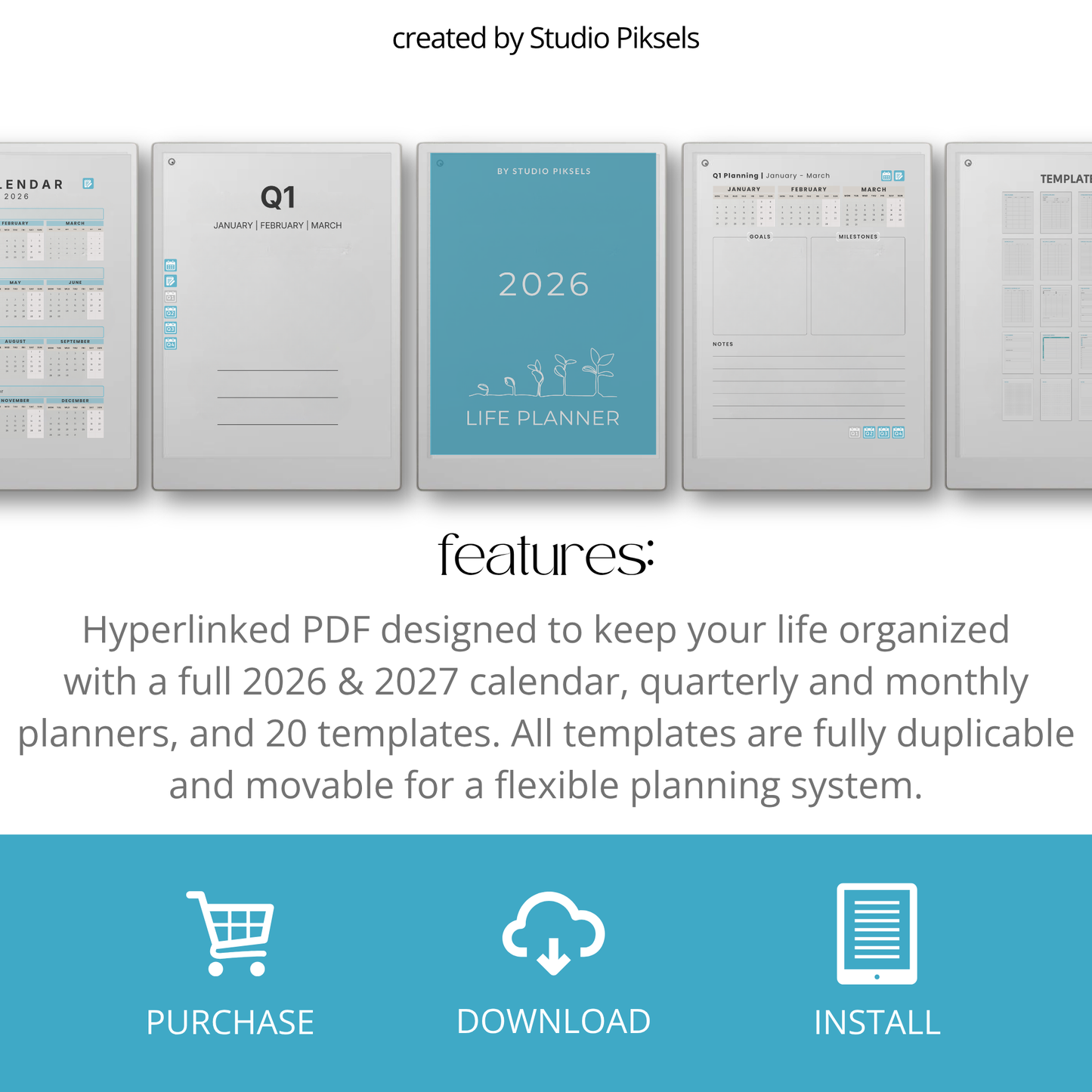 Life Planner Bundle 2026 and 2027 PDF for reMarkable Paper Pro with hyperlinked calendar and customizable templates.
