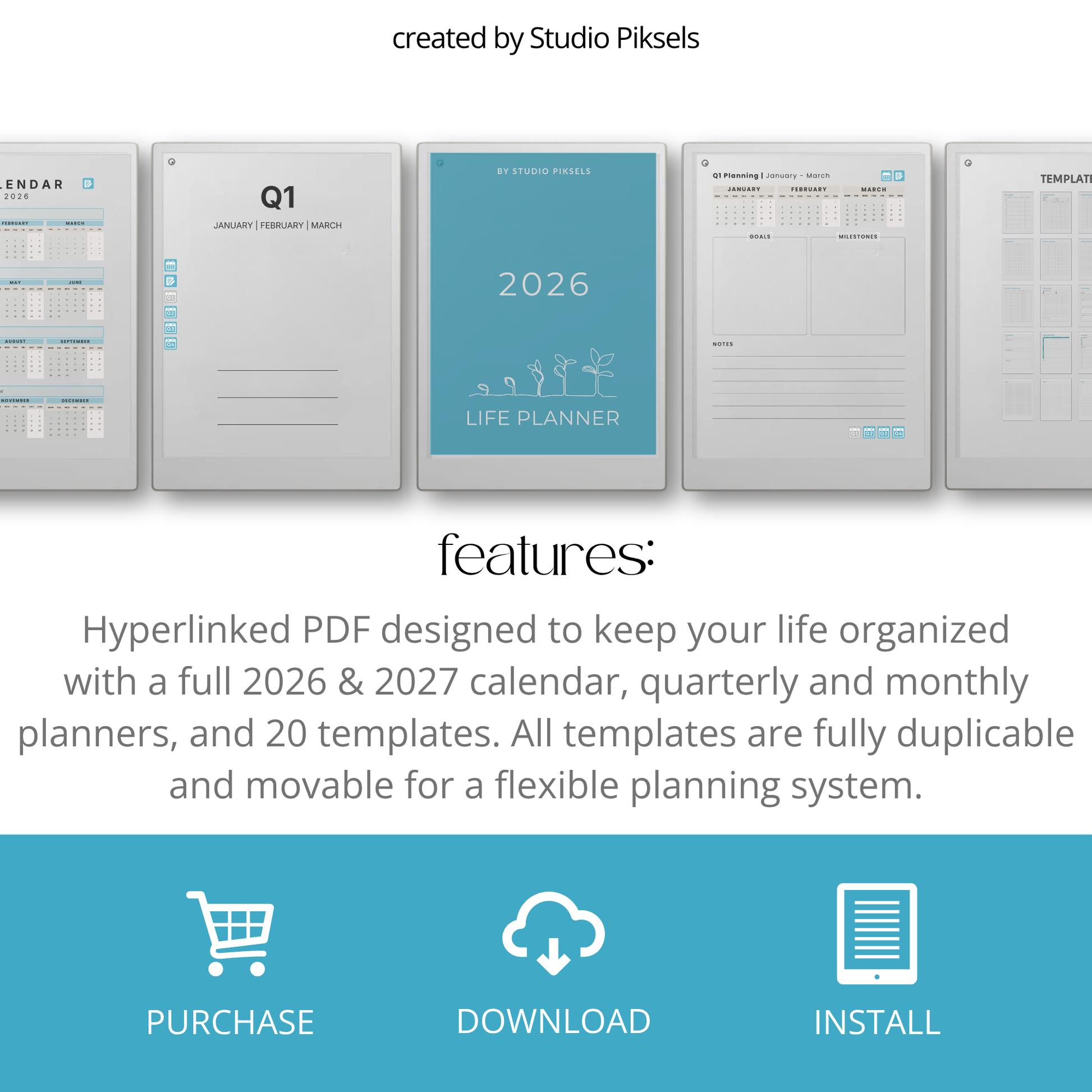 Life Planner Bundle 2026 and 2027 PDF for reMarkable Paper Pro with hyperlinked calendar and customizable templates.