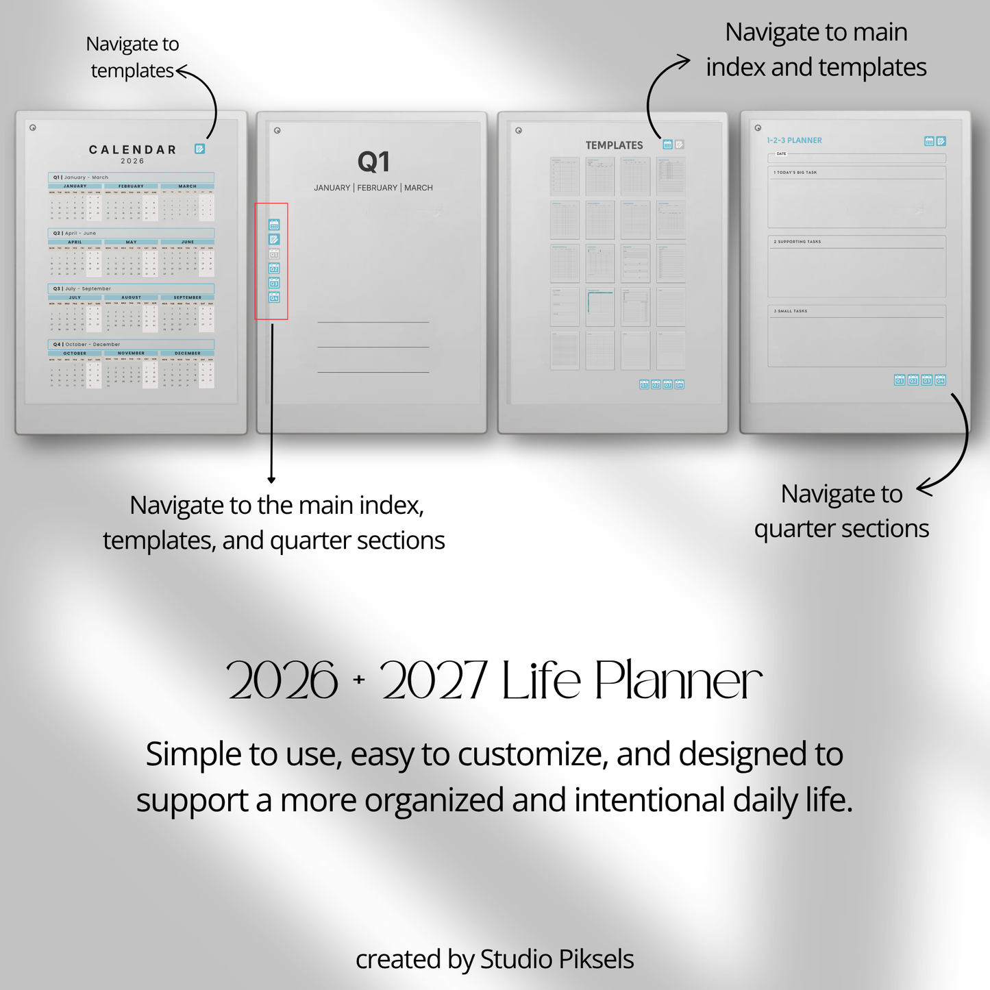 Life Planner Bundle 2026 and 2027 PDF for reMarkable Paper Pro Move with hyperlinked calendar and customizable templates.