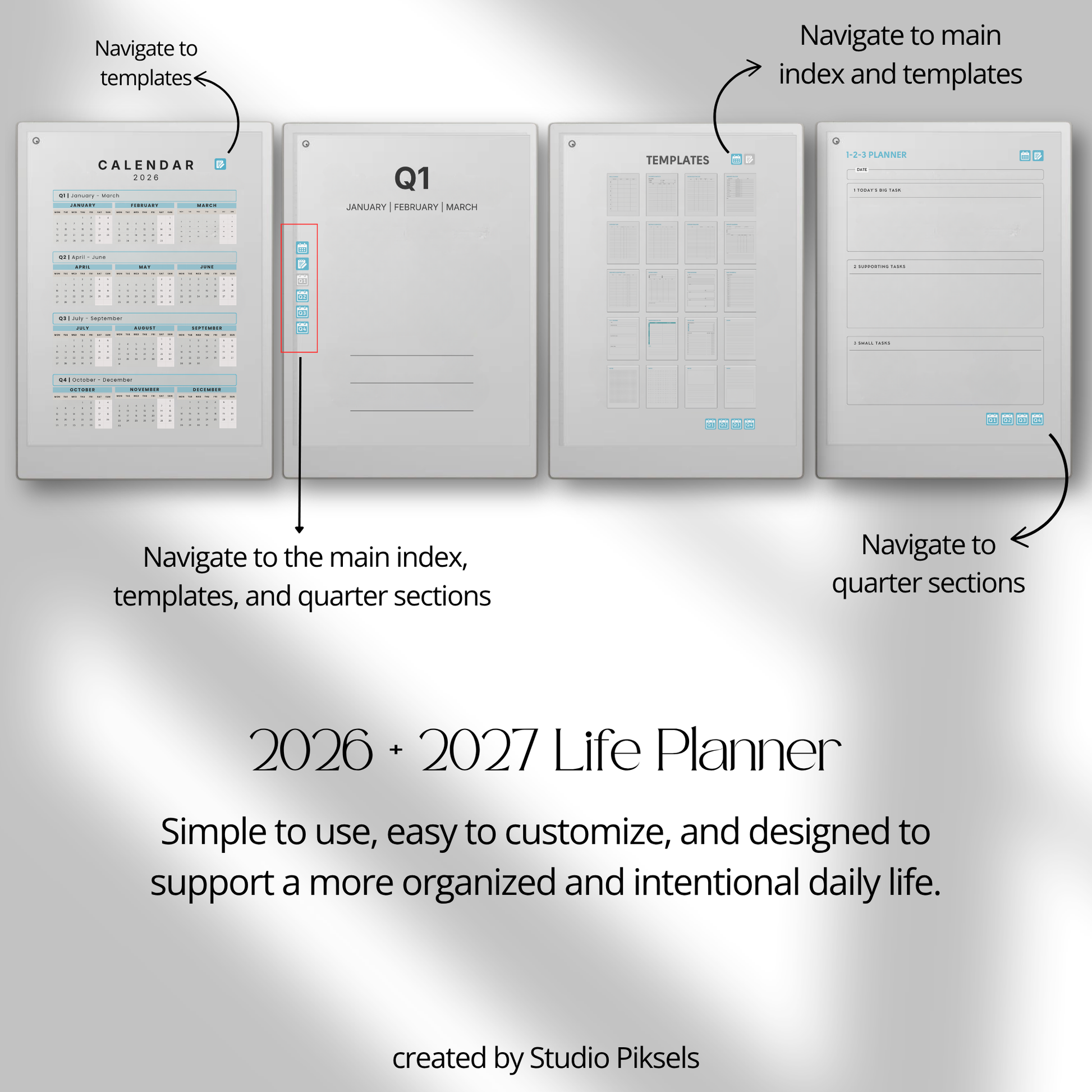 Life Planner Bundle 2026 and 2027 PDF for reMarkable Paper Pro Move with hyperlinked calendar and customizable templates.